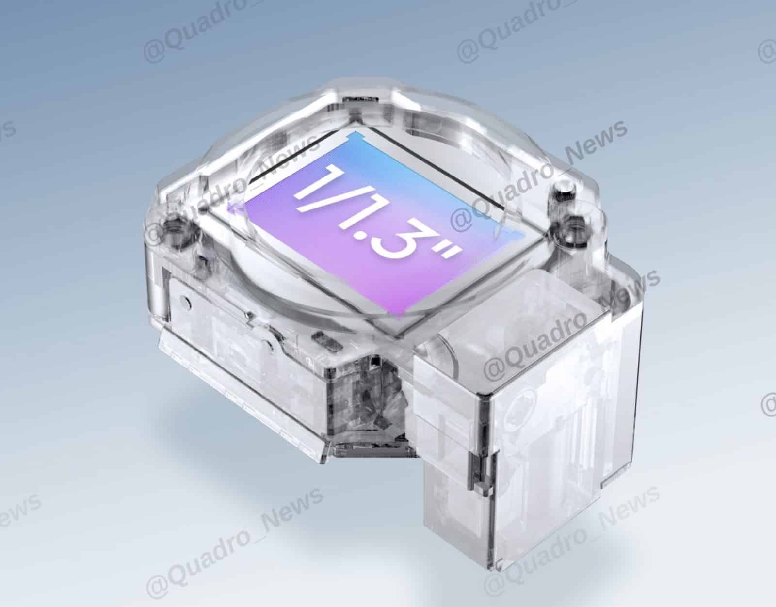 Cutaway render of the Flip camera module highlighting its 1/1.3-inch sensor.