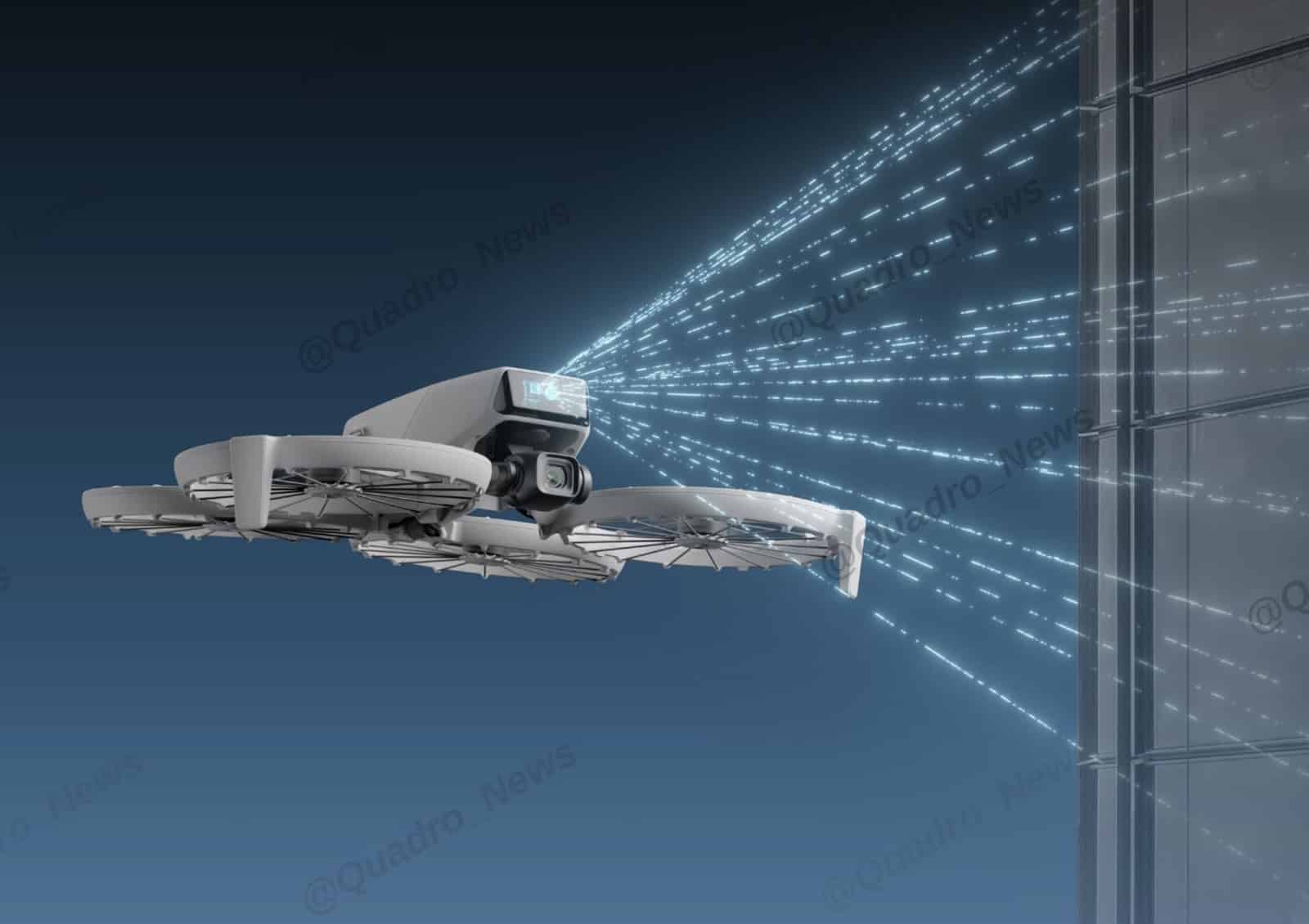 Render of the Flip in flight with blue sensor beams sweeping a glass facade.