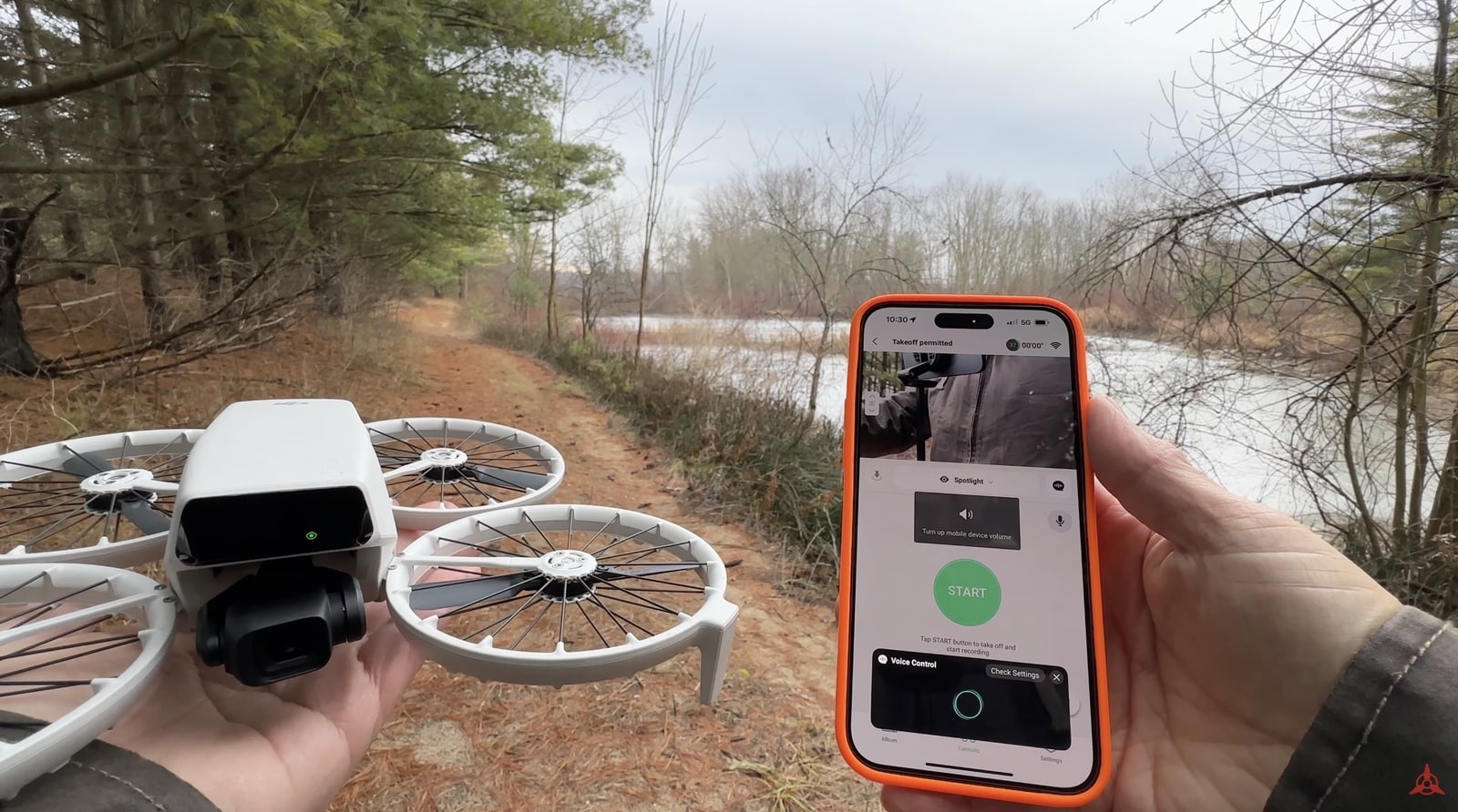 DJI Flip tracking a subject on the move behind its built-in prop guards.