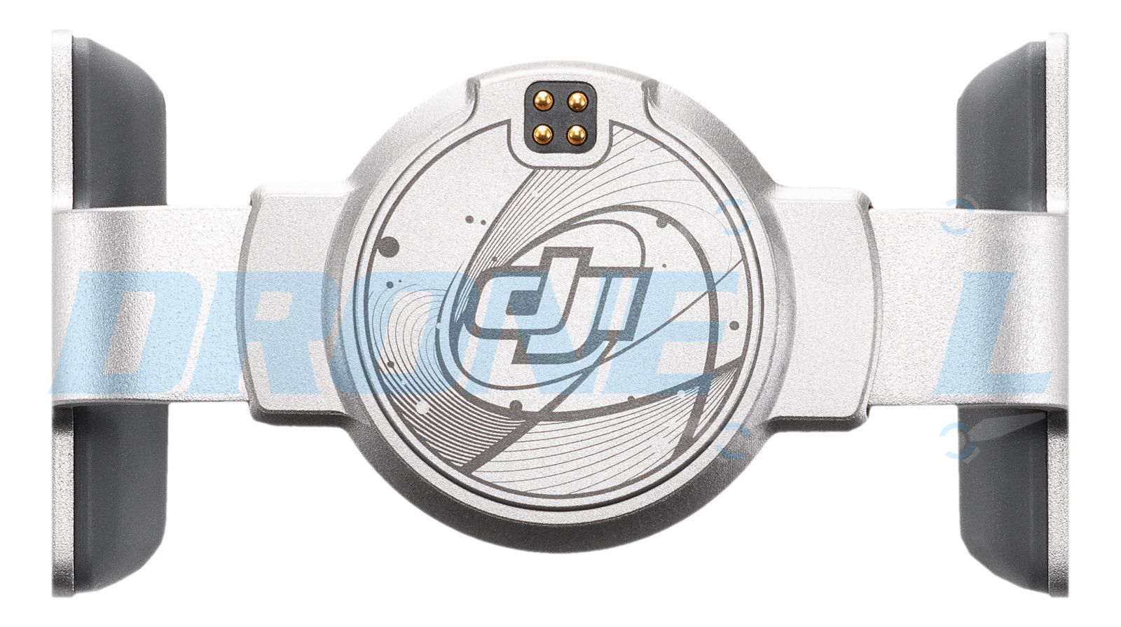 Close-up of the silver magnetic clamp with DJI logo and gold charging contacts.