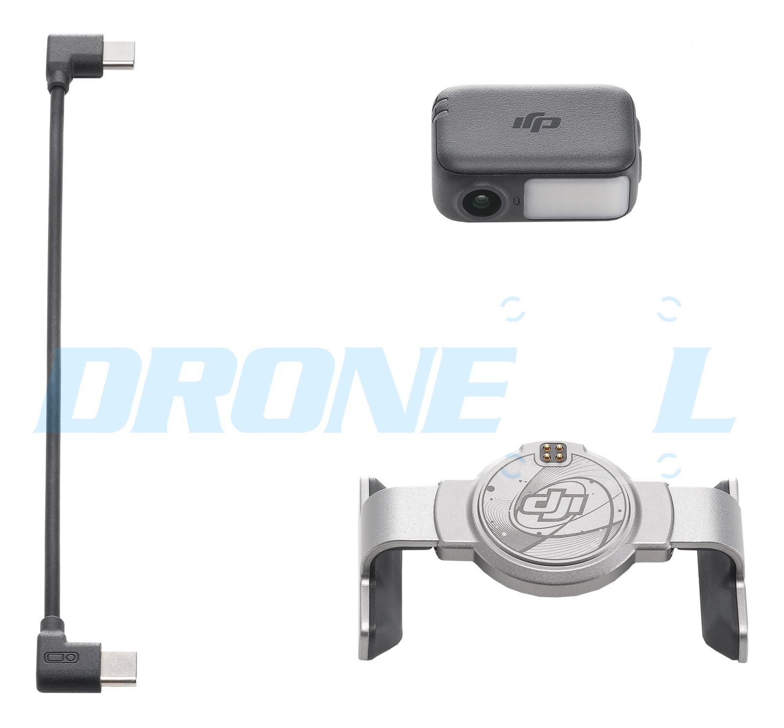 Right-angle USB-C cable, tracking light module and silver magnetic clamp on white.