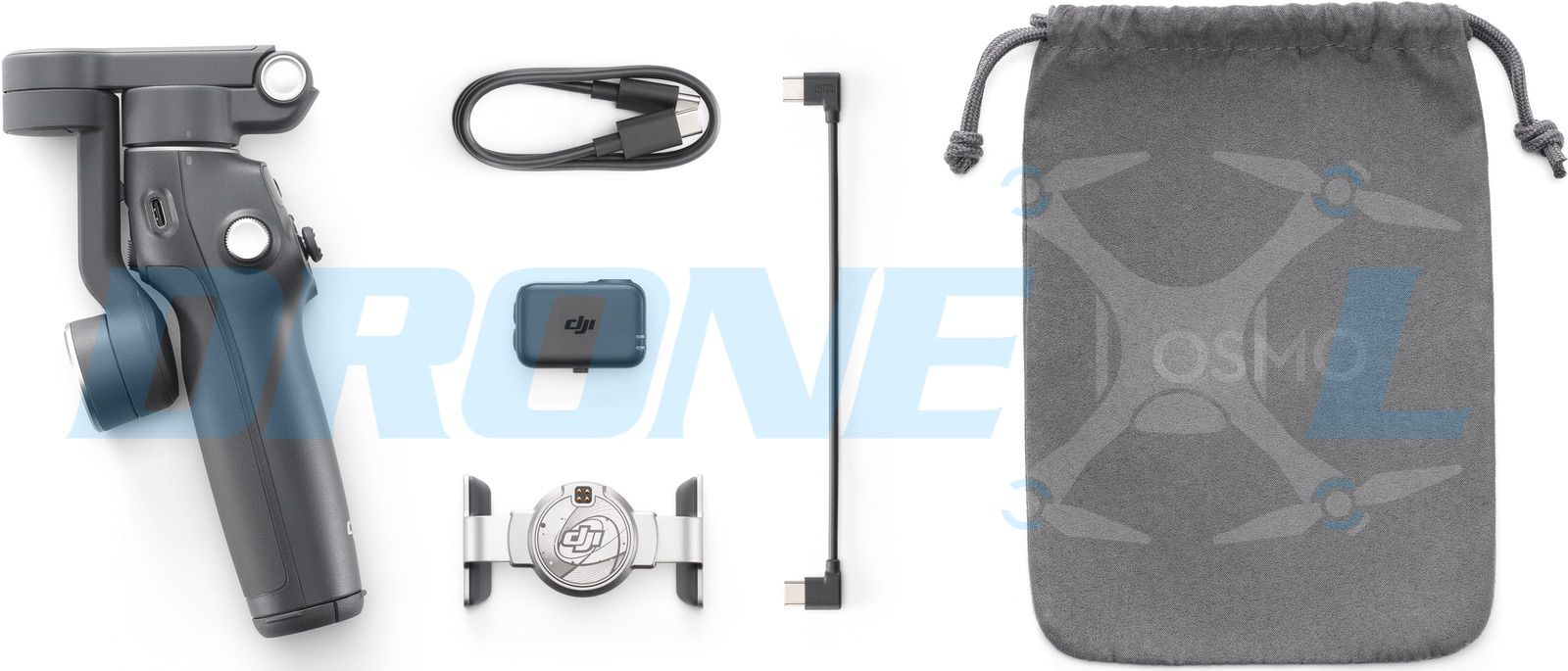 Folded Pro laid out with cable, magnetic clamp, transmitter and drawstring Osmo pouch.