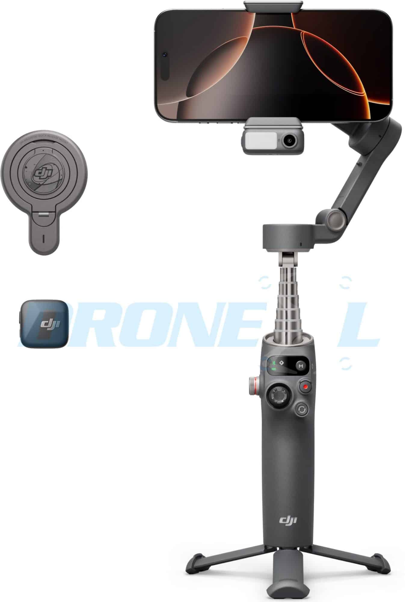 Extended Pro shown beside a DJI magnetic puck and a small microphone transmitter.