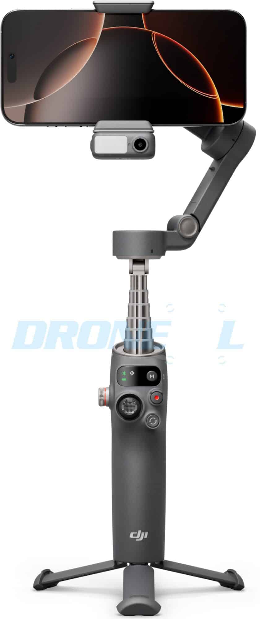The Pro raised on its extension rod with a phone attached and tripod deployed.