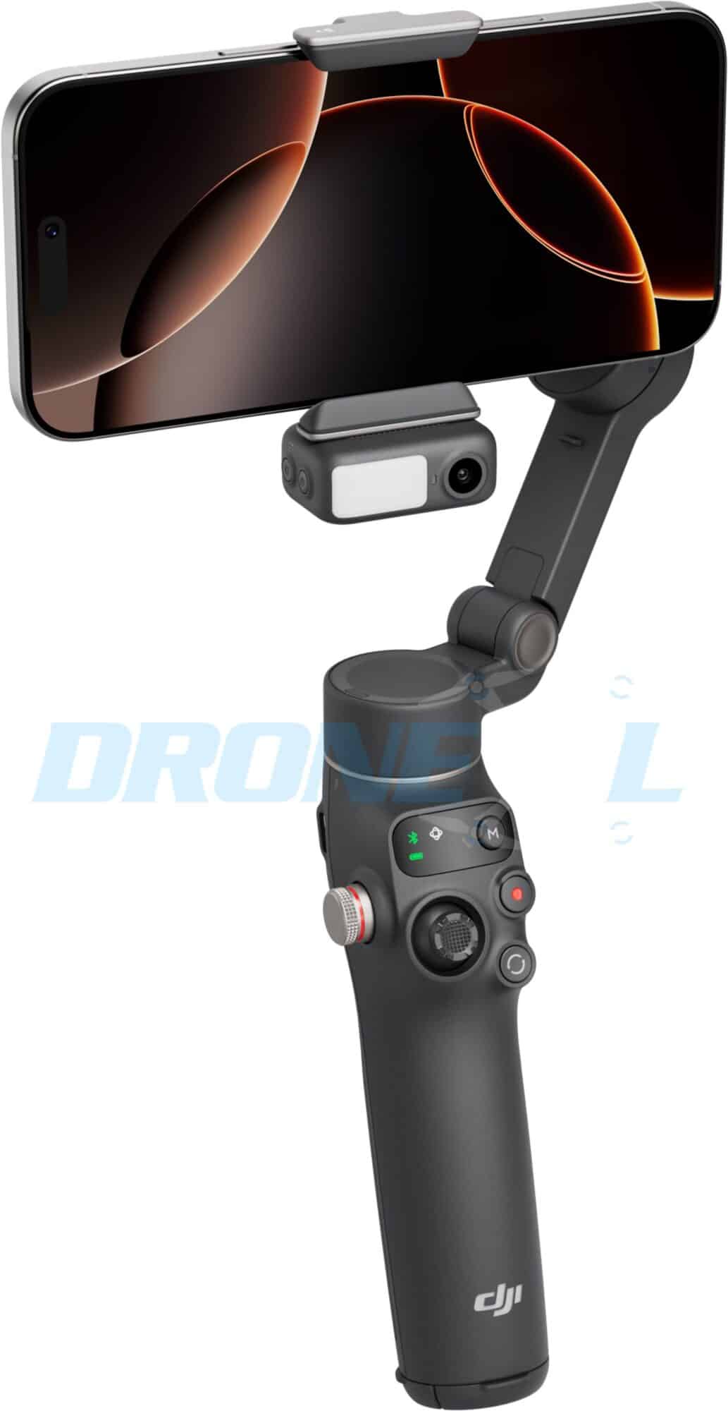 Angled view of the Pro with a large phone clamped above the tracking module.