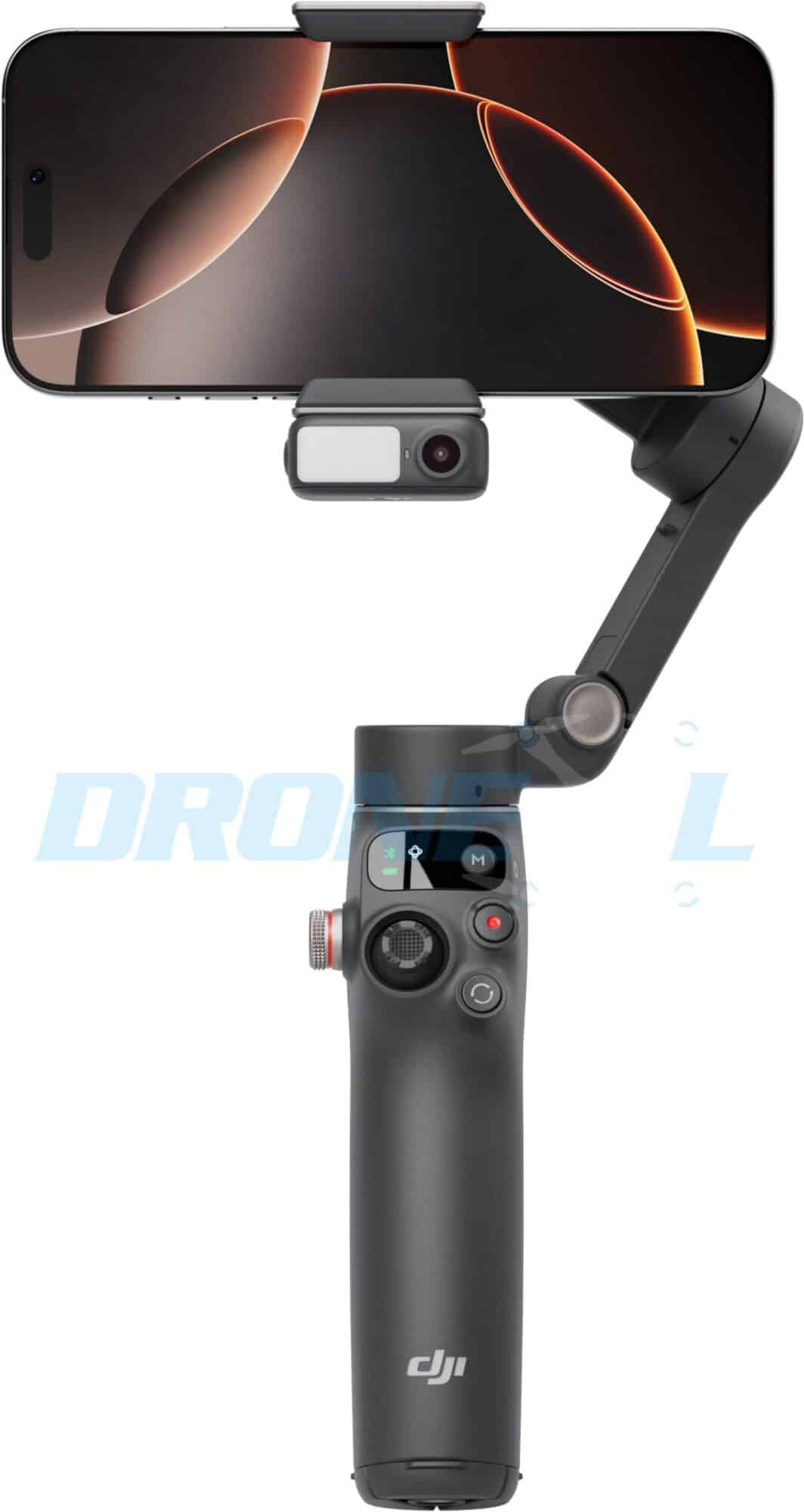 Pro gimbal holding a phone, its fill-light tracking module facing forward.