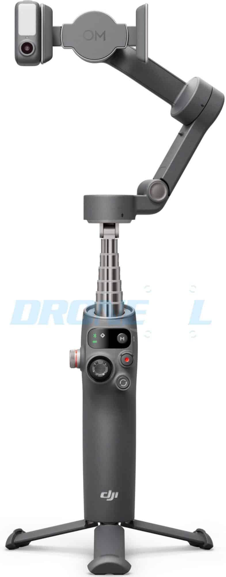 Pro gimbal on its tripod with the extension rod fully raised and clamp empty.