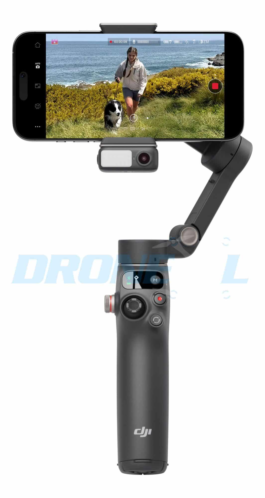 Dark grey Osmo Mobile 7 Pro with tracking module, phone previewing a person and dog.