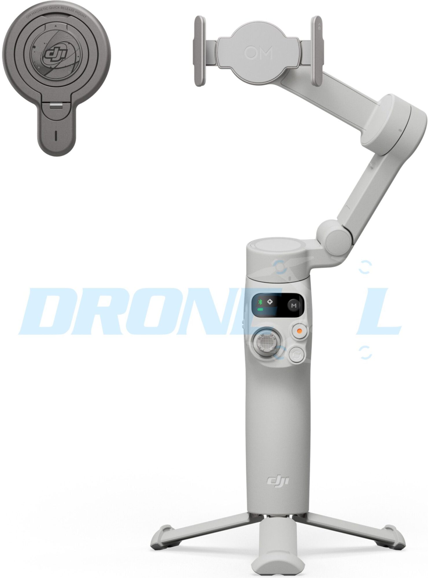 The white gimbal on its tripod next to a separate DJI magnetic phone mount.