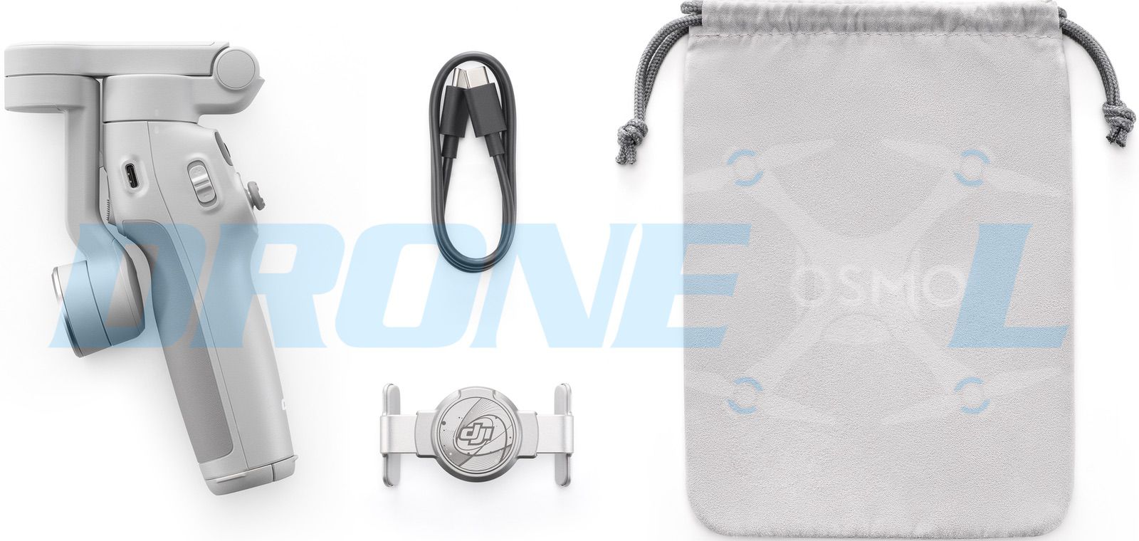 Folded white gimbal beside a USB-C cable, magnetic clamp and grey Osmo carry pouch.