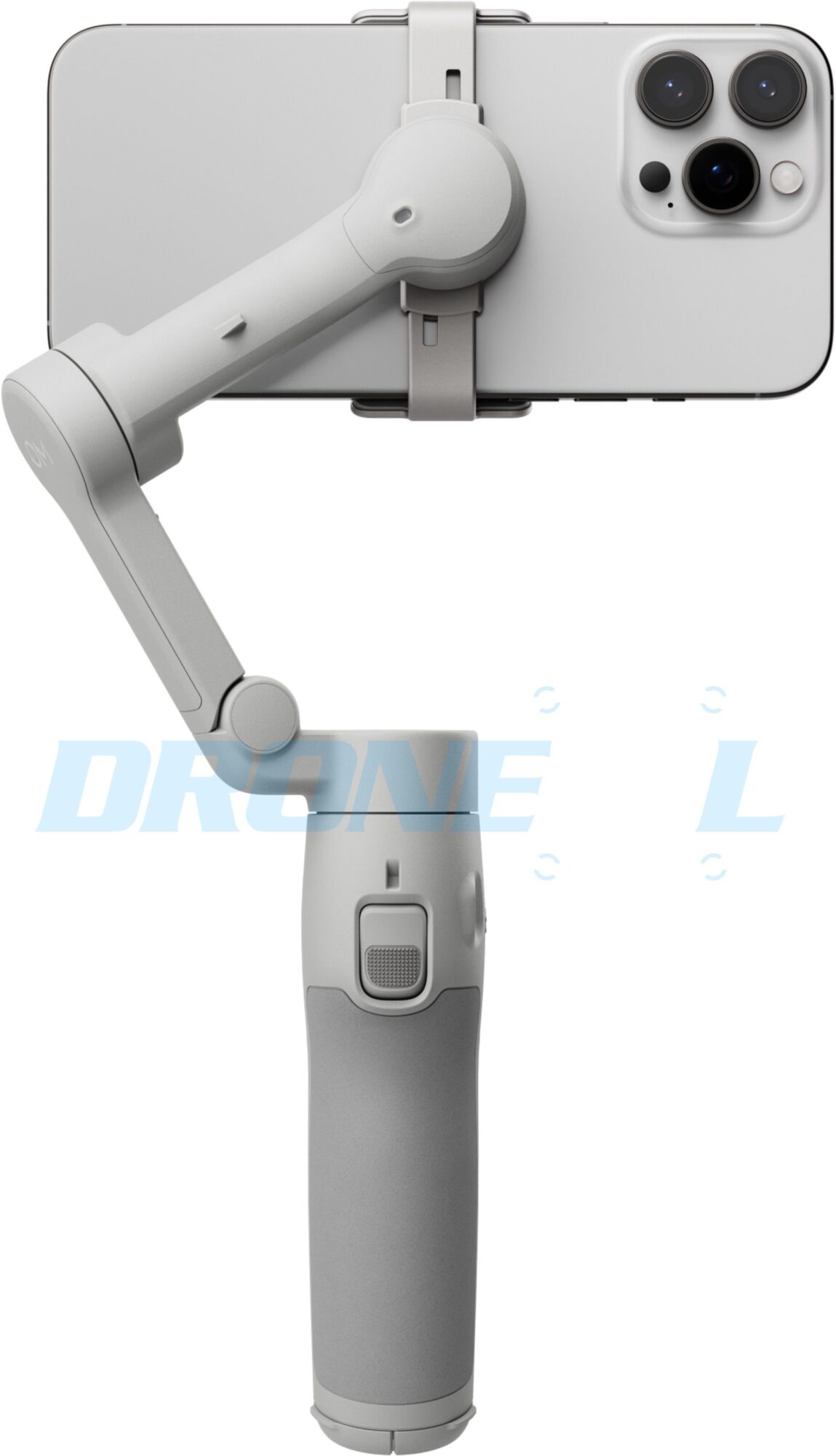 Rear view showing the phone triple-camera back and the gimbal folded arm.