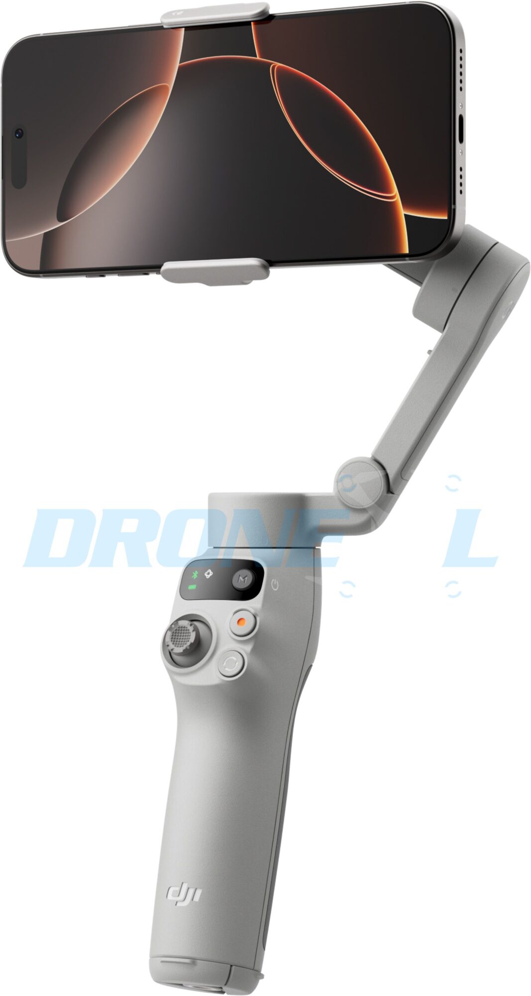 The white gimbal tilted back with its phone held high on the folding arm.