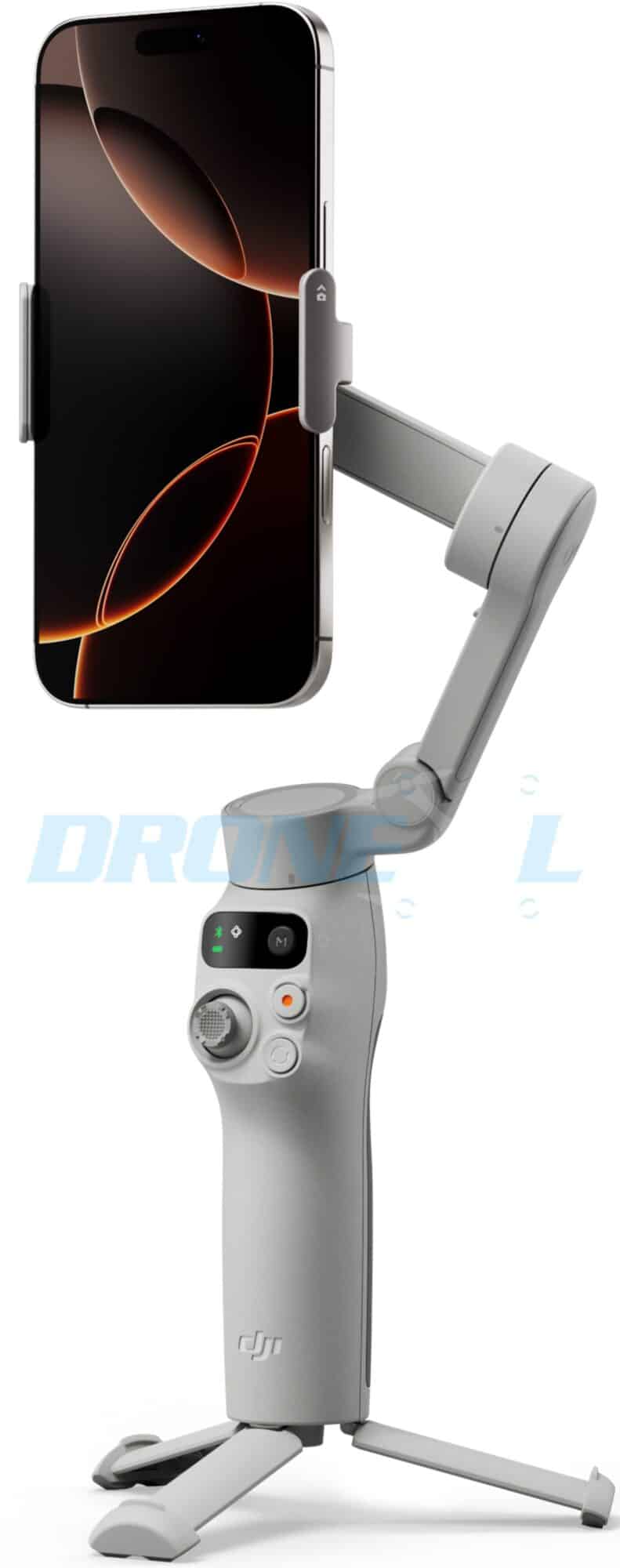 A phone mounted in portrait orientation on the tripod-mounted white gimbal.