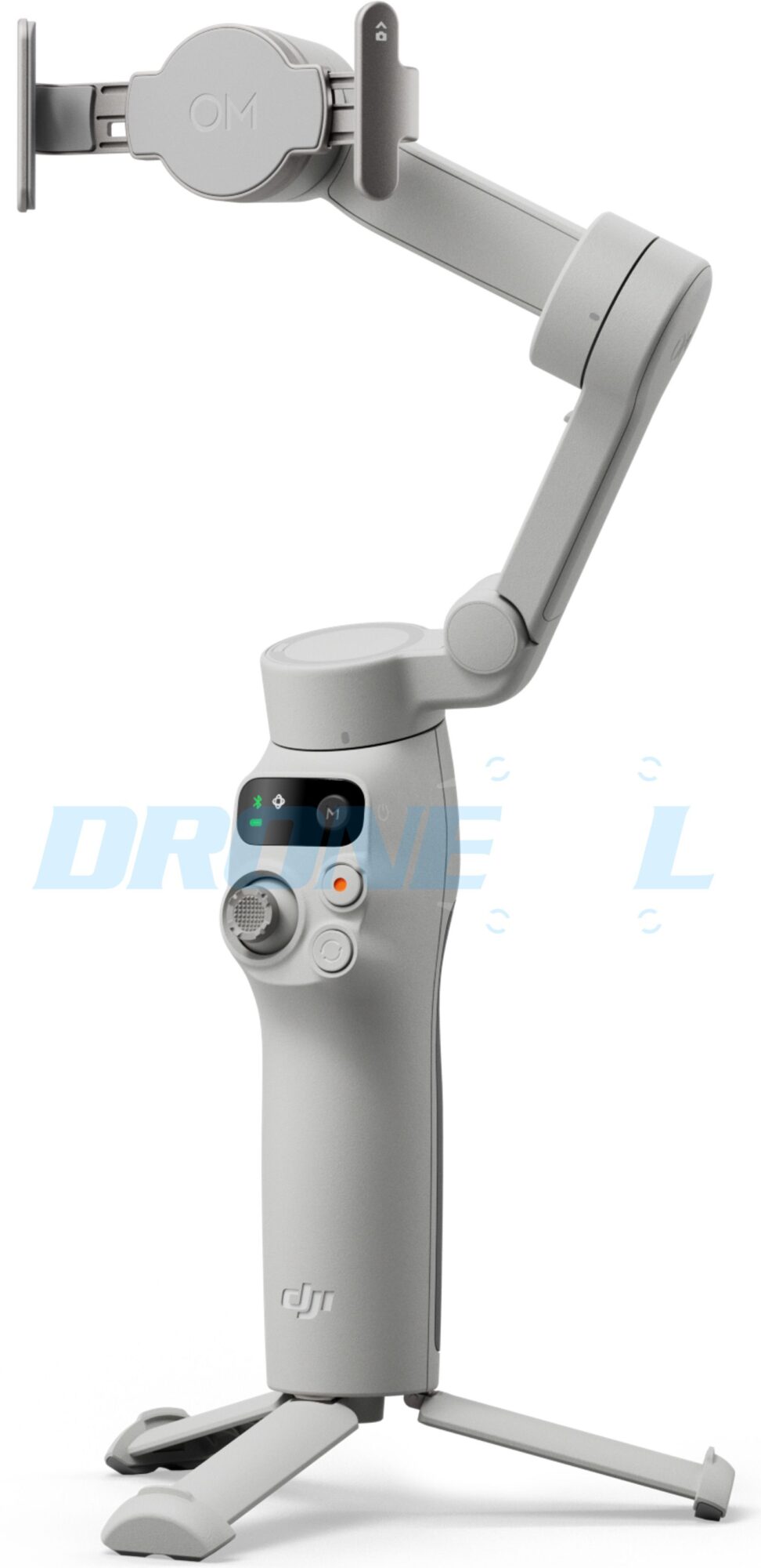 The white gimbal stands on deployed tripod legs with no phone attached.