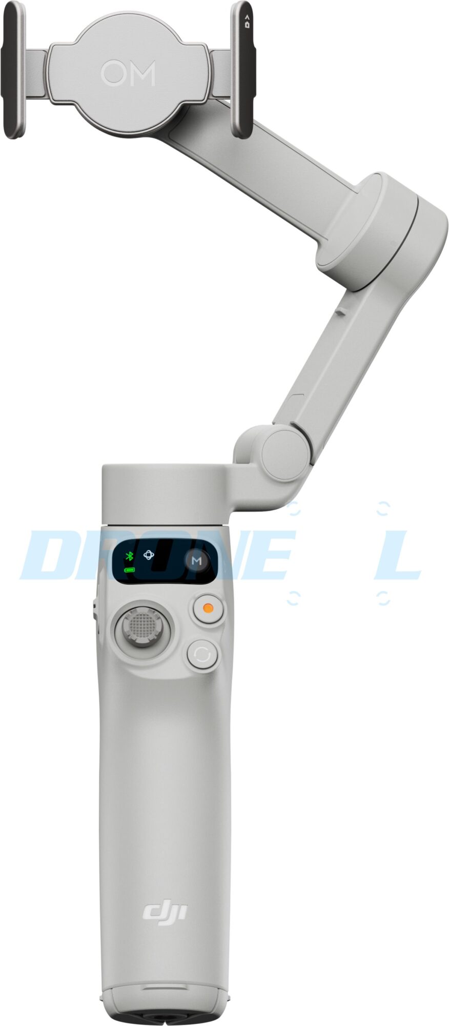 Empty magnetic phone clamp marked OM sits on the raised arm of the white gimbal.