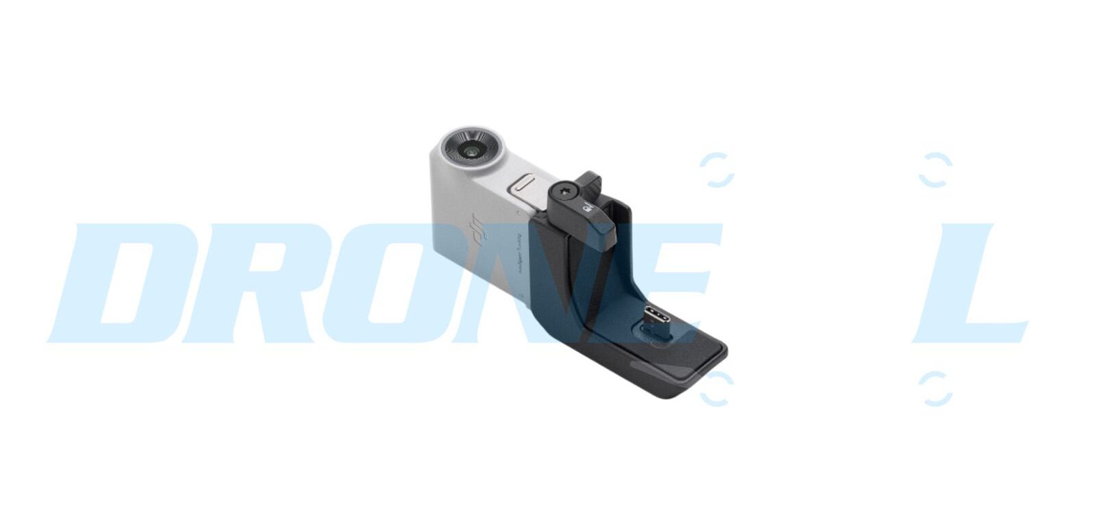 Angled render of the white and navy smartphone clamp accessory for the gimbal.