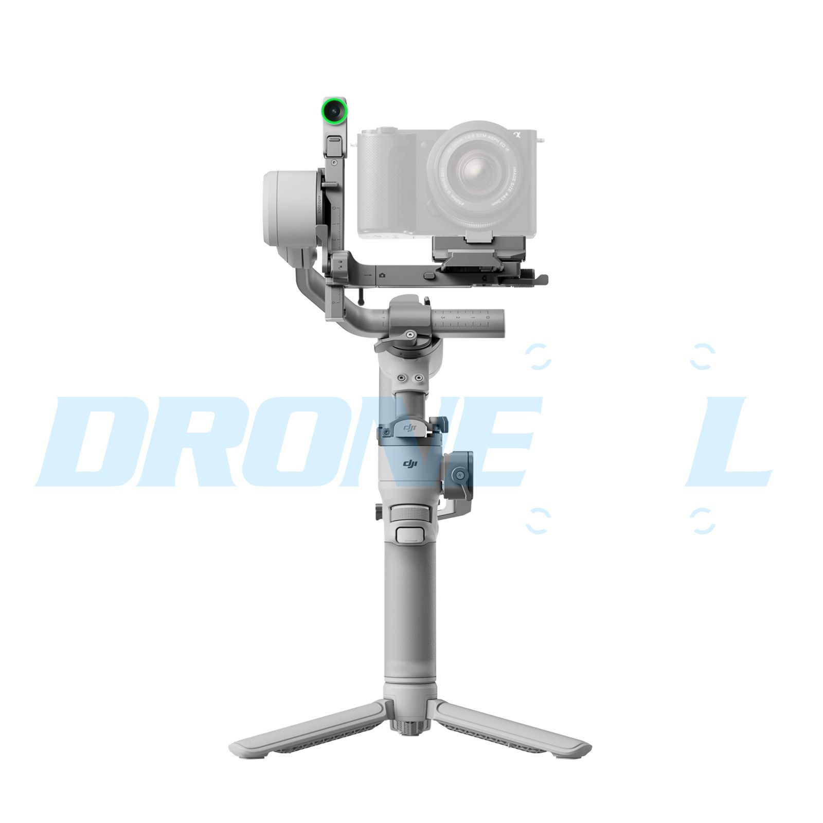The green-ringed tracking module sits on the gimbal arm beside a ghosted mirrorless camera.