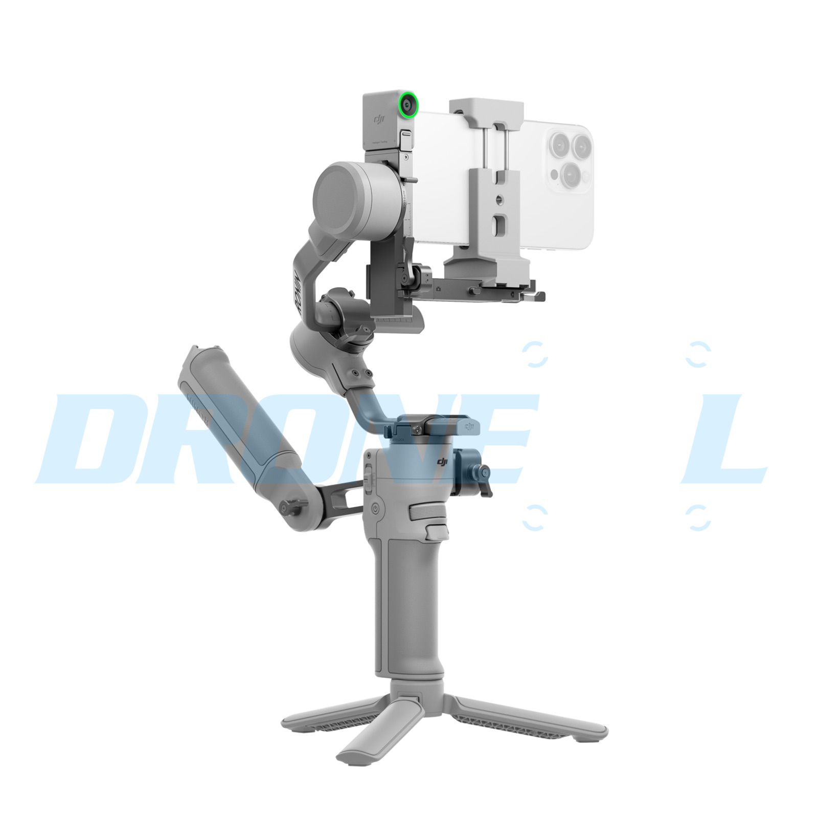 Smartphone mounted on the gimbal with the tracking module attached and the arm folded.