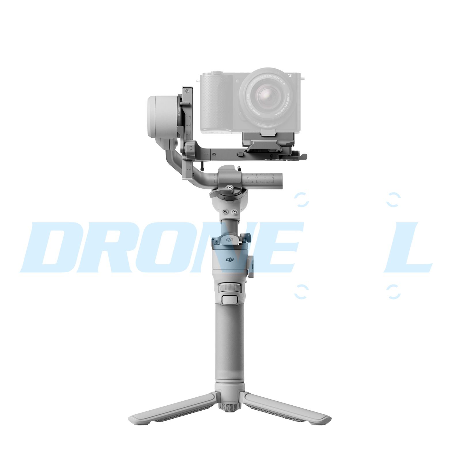 Rear view of the gimbal cradling a mirrorless camera with tripod legs splayed.
