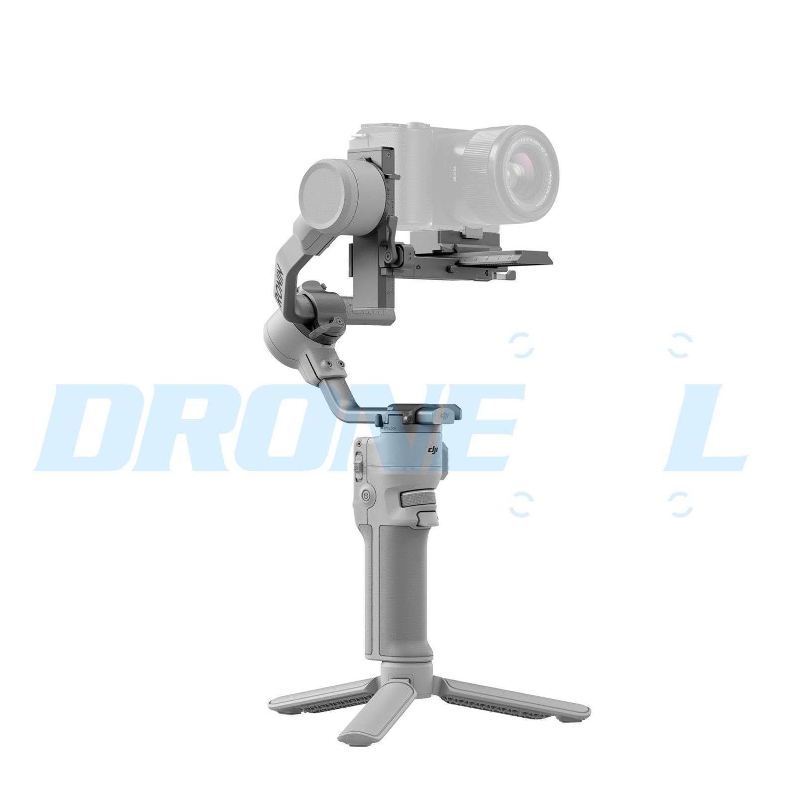 Three-quarter view of the compact gimbal balancing a mirrorless camera on its folding tripod.