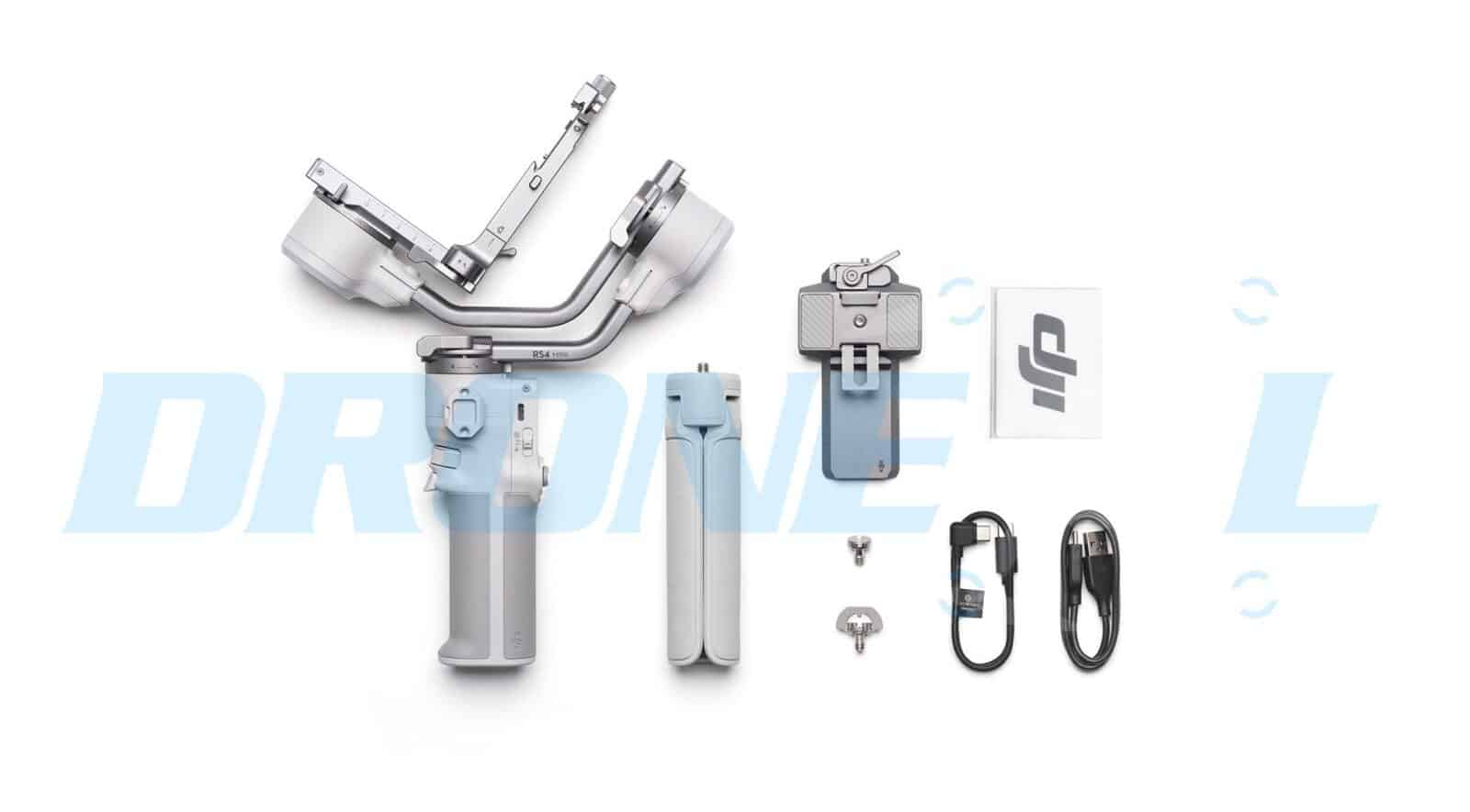 Leaked kit contents for the base DJI RS 4 Mini with tripod and cables.