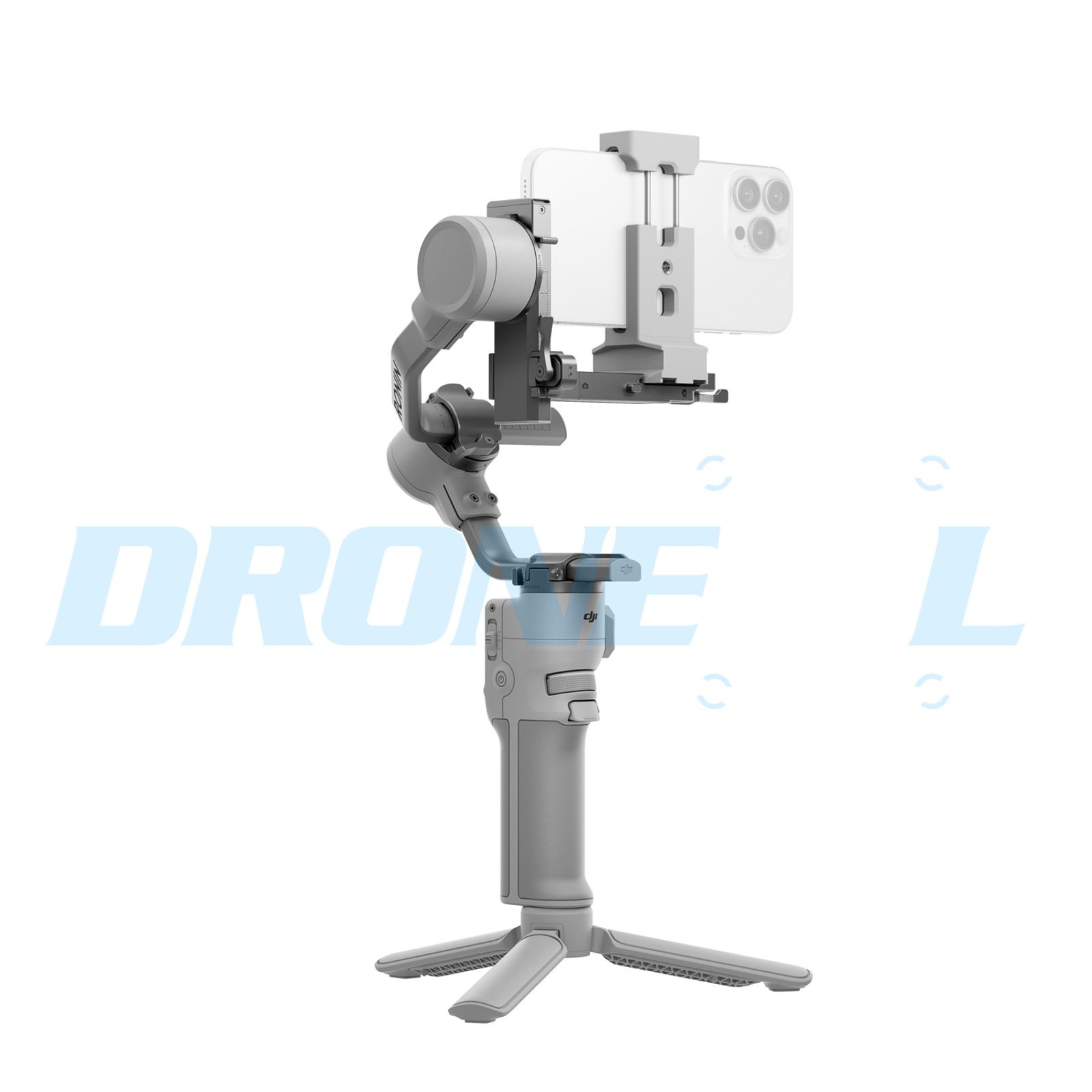 The stabilizer holds a smartphone upright in its clamp, seen from behind.