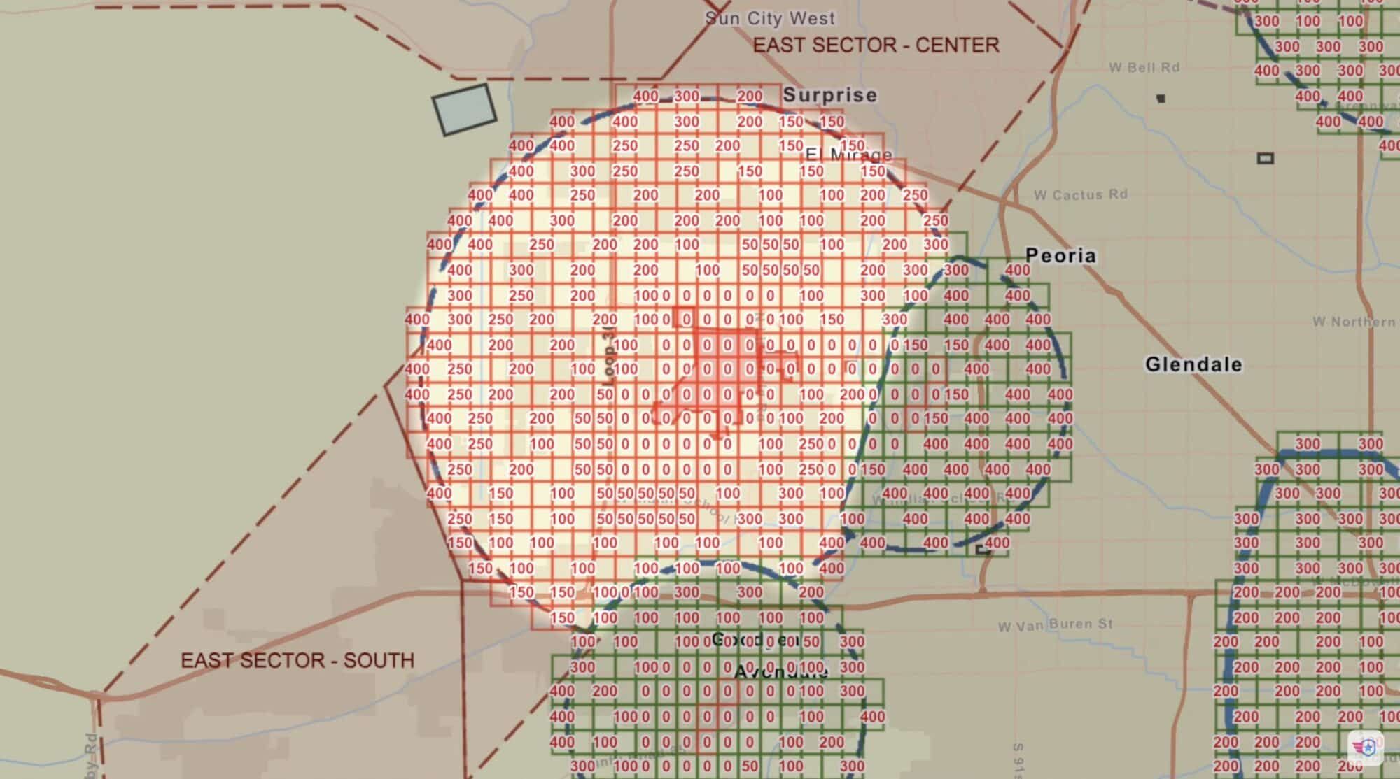 FAA UAS facility map grid of maximum approval altitudes over Phoenix, Arizona suburbs.