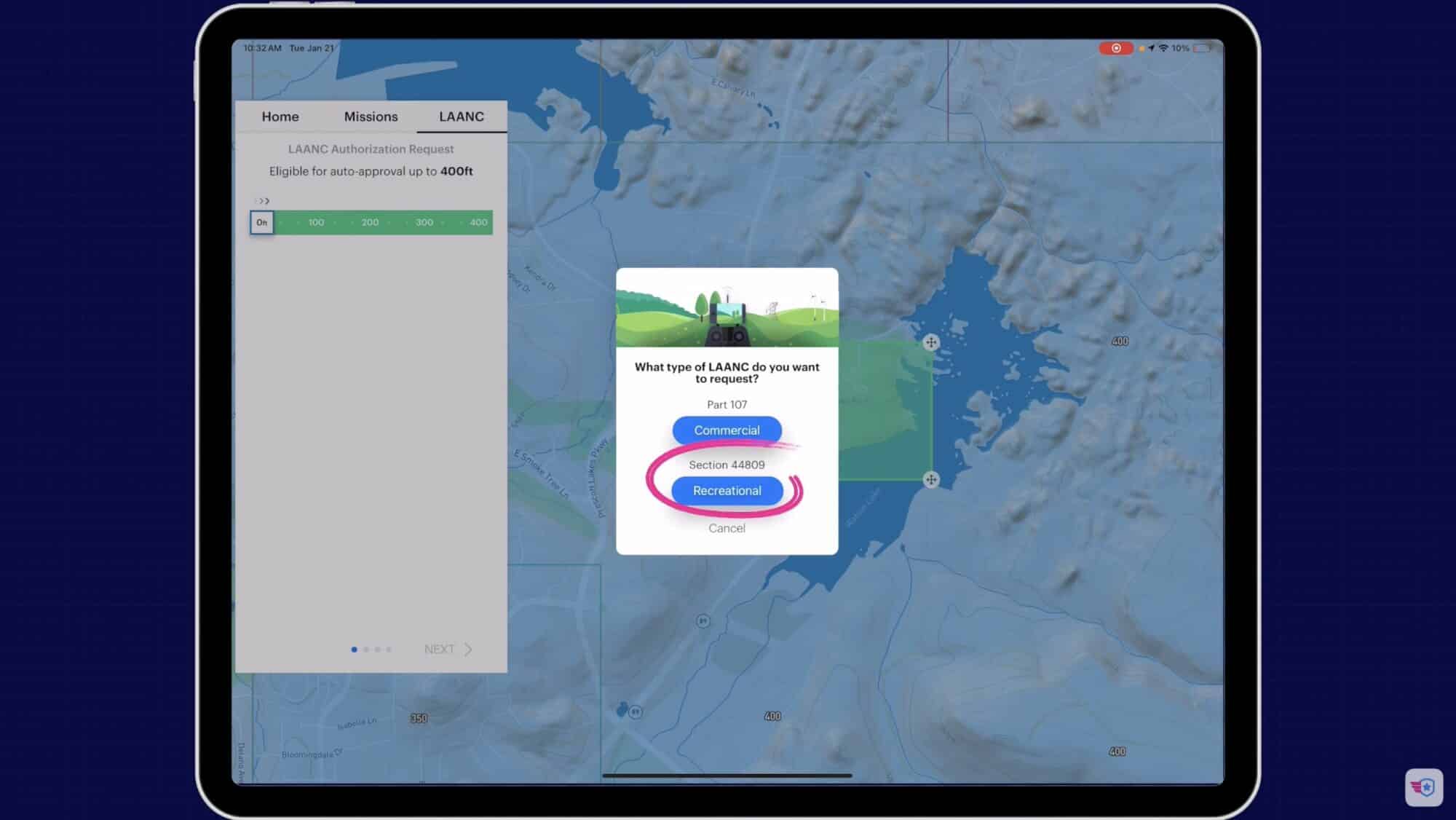 Screenshot of the Aloft Air Control app on a tablet requesting a LAANC authorization type.