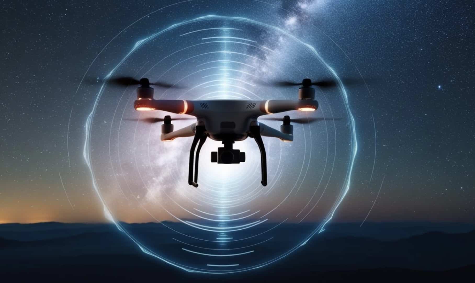 Illustration of a quadcopter ringed by glowing detection waves above a dusk landscape.