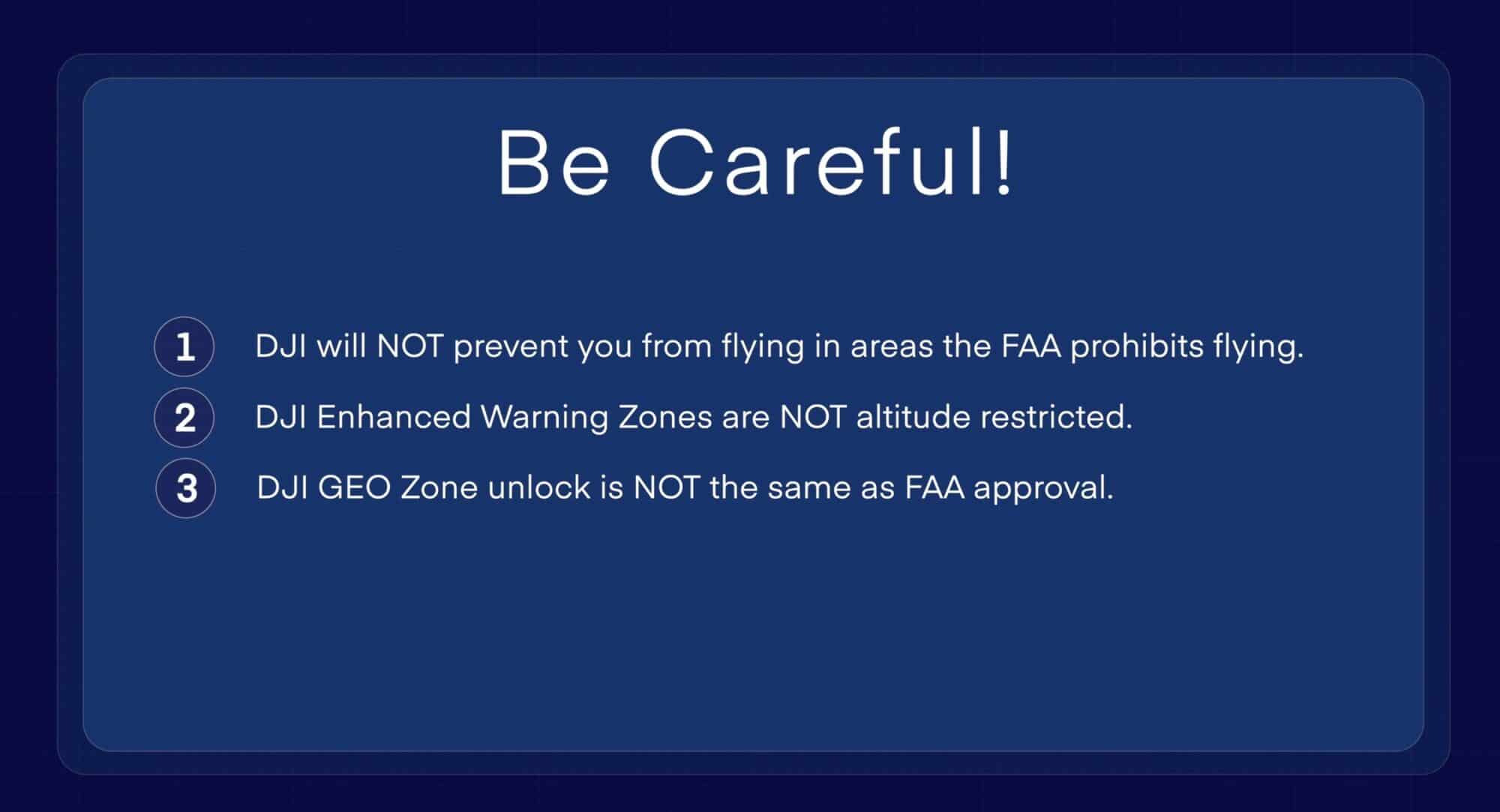 Warning slide listing three limits of DJI GEO zones versus FAA airspace approval.