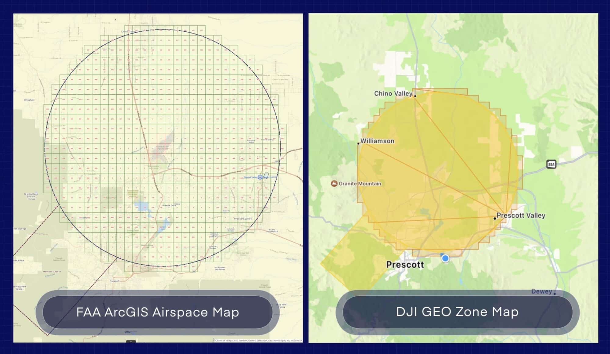 Screenshot comparing the FAA ArcGIS airspace map with DJI's GEO zone map.