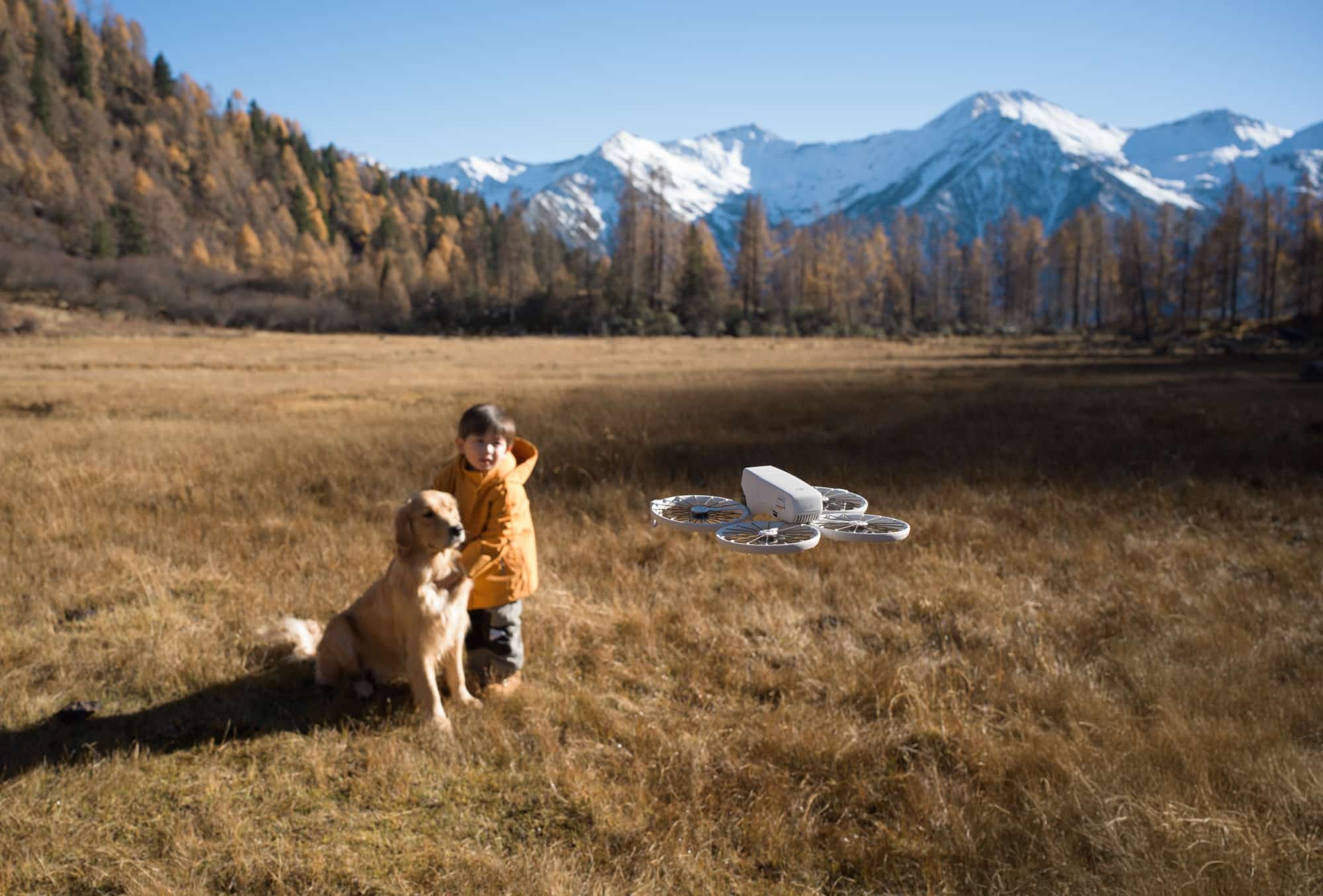 Boy crouching beside a golden retriever as the Flip hovers low over grass.