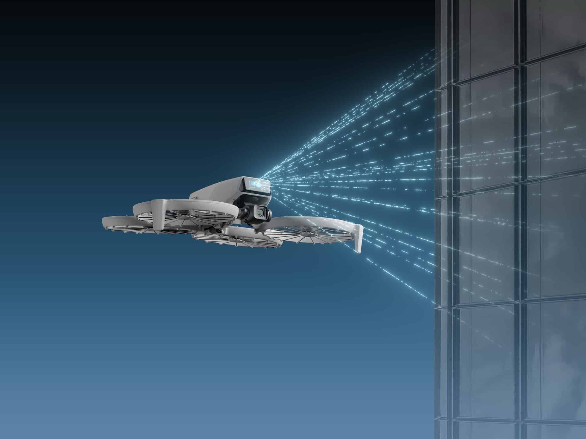 Render of the DJI Flip projecting infrared sensing beams toward a glass facade.