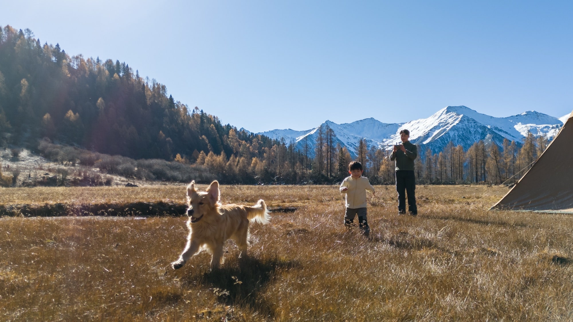 Wide meadow scene with a dog running past a boy, man and teepee.