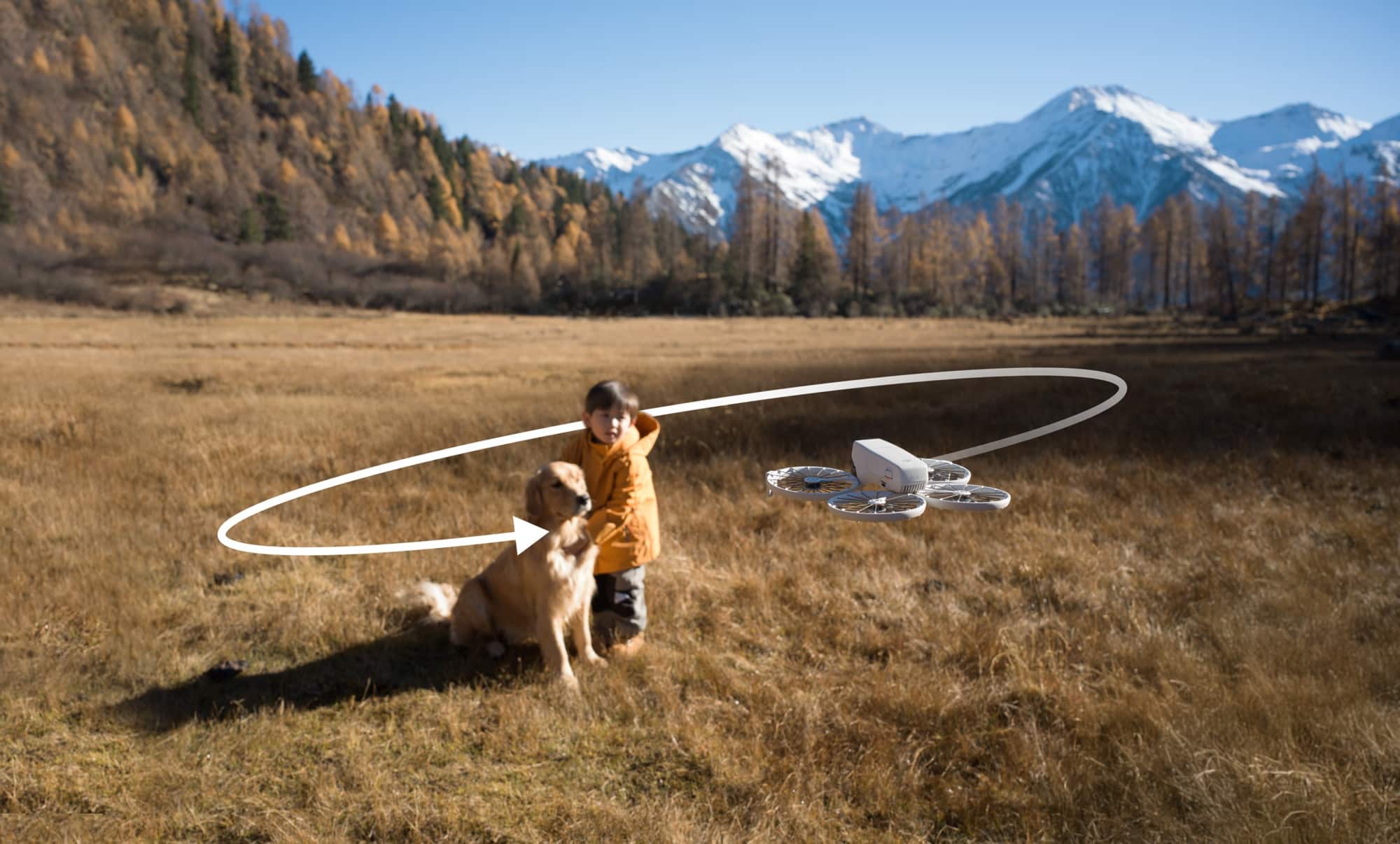 Circular flight path overlay tracing the Flip around a boy and his golden retriever.