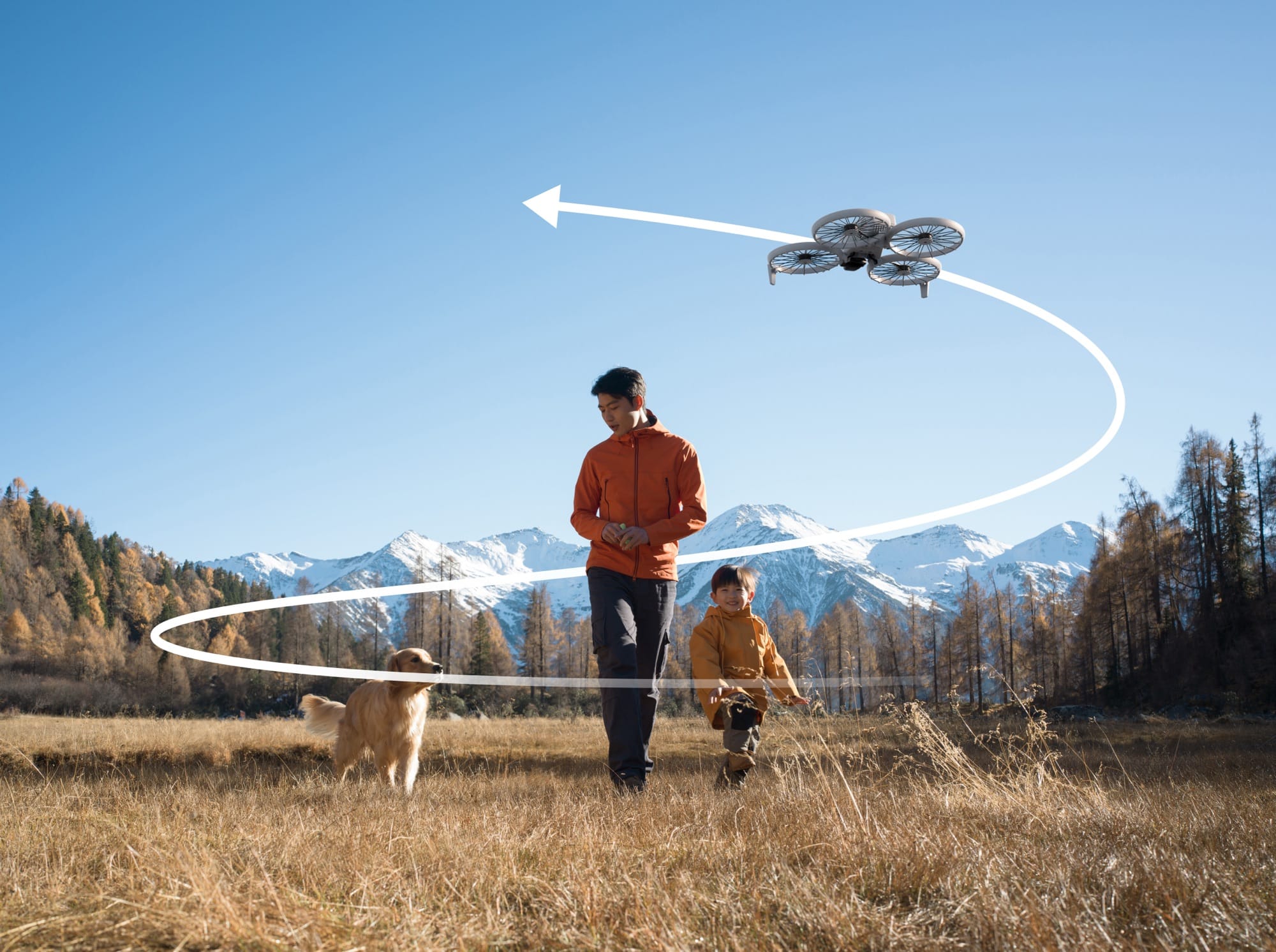 Spiral flight path overlay showing the Flip circling a family in an alpine meadow.