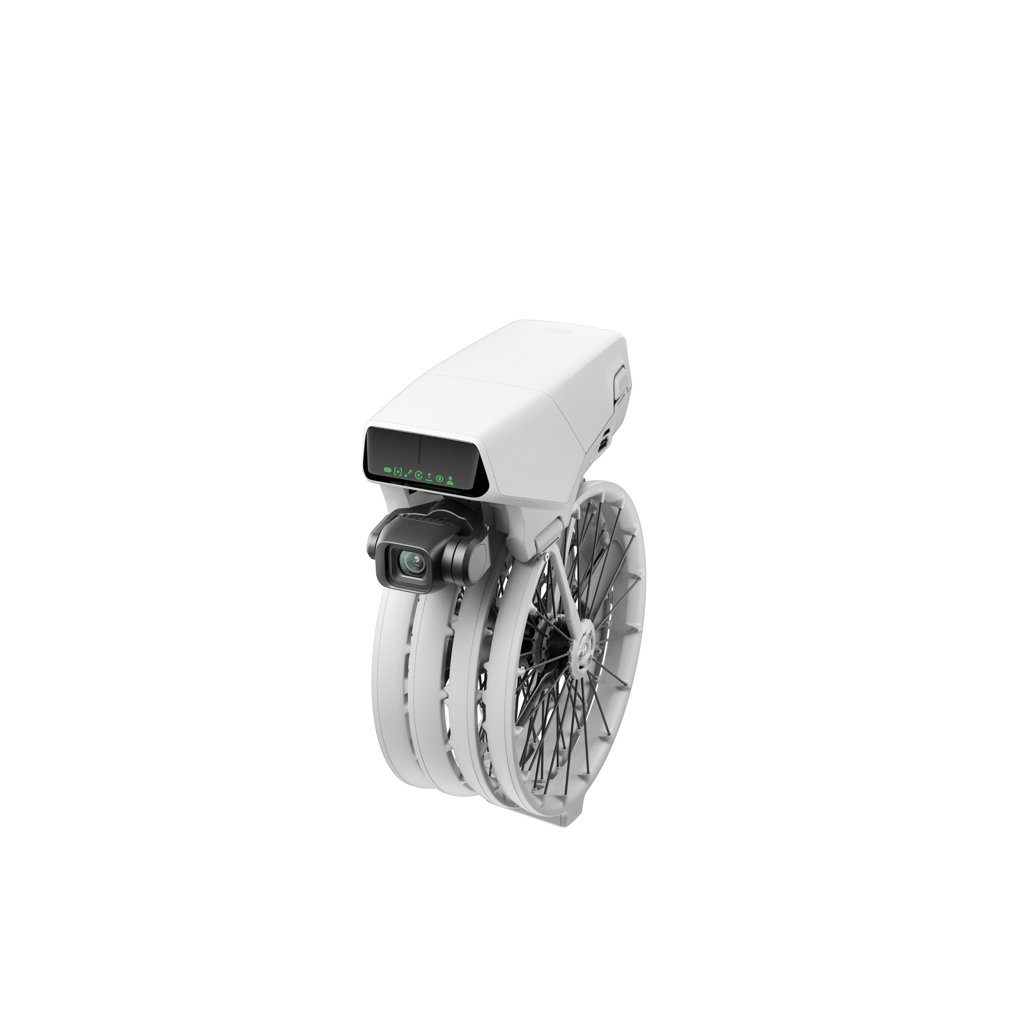 Folded DJI Flip standing upright with its propeller guards stacked together.