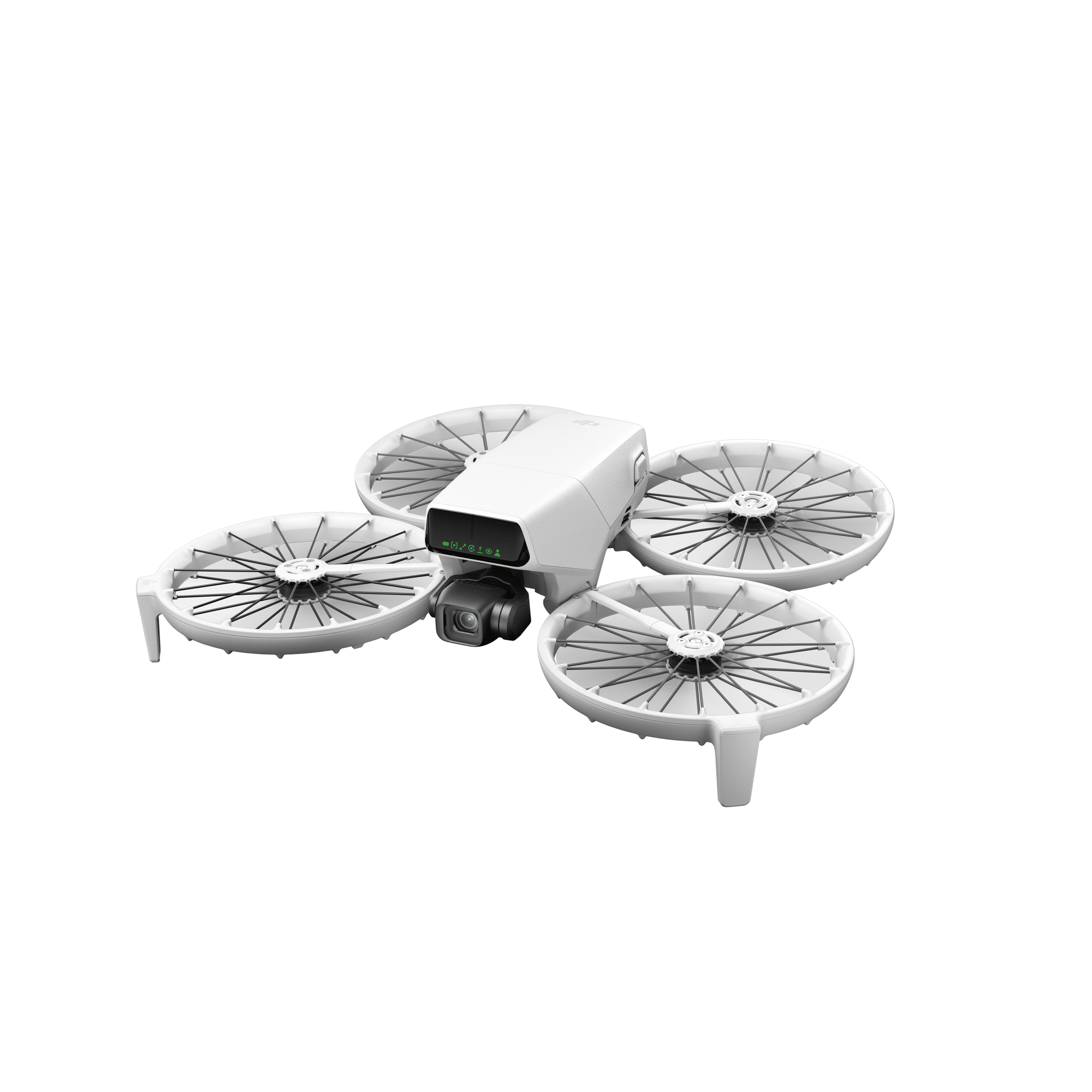Front-right studio render of the DJI Flip showing its green status indicators.