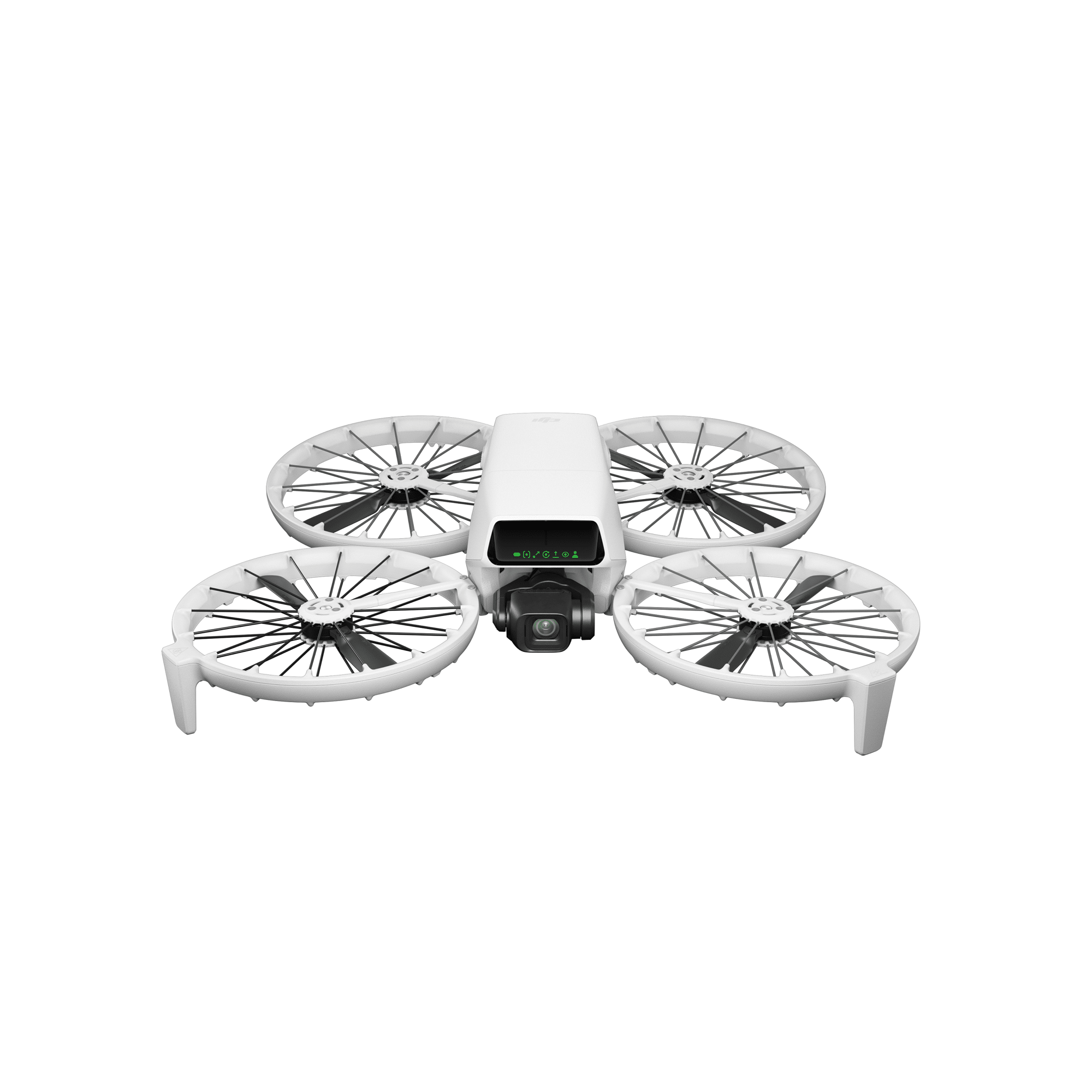 Level front three-quarter render of the DJI Flip with guards fully unfolded.