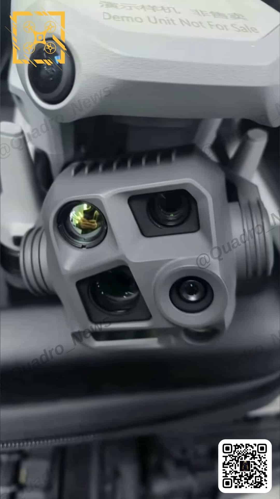 Leaked close-up of the Matrice 4 gimbal with four lenses and a laser window.