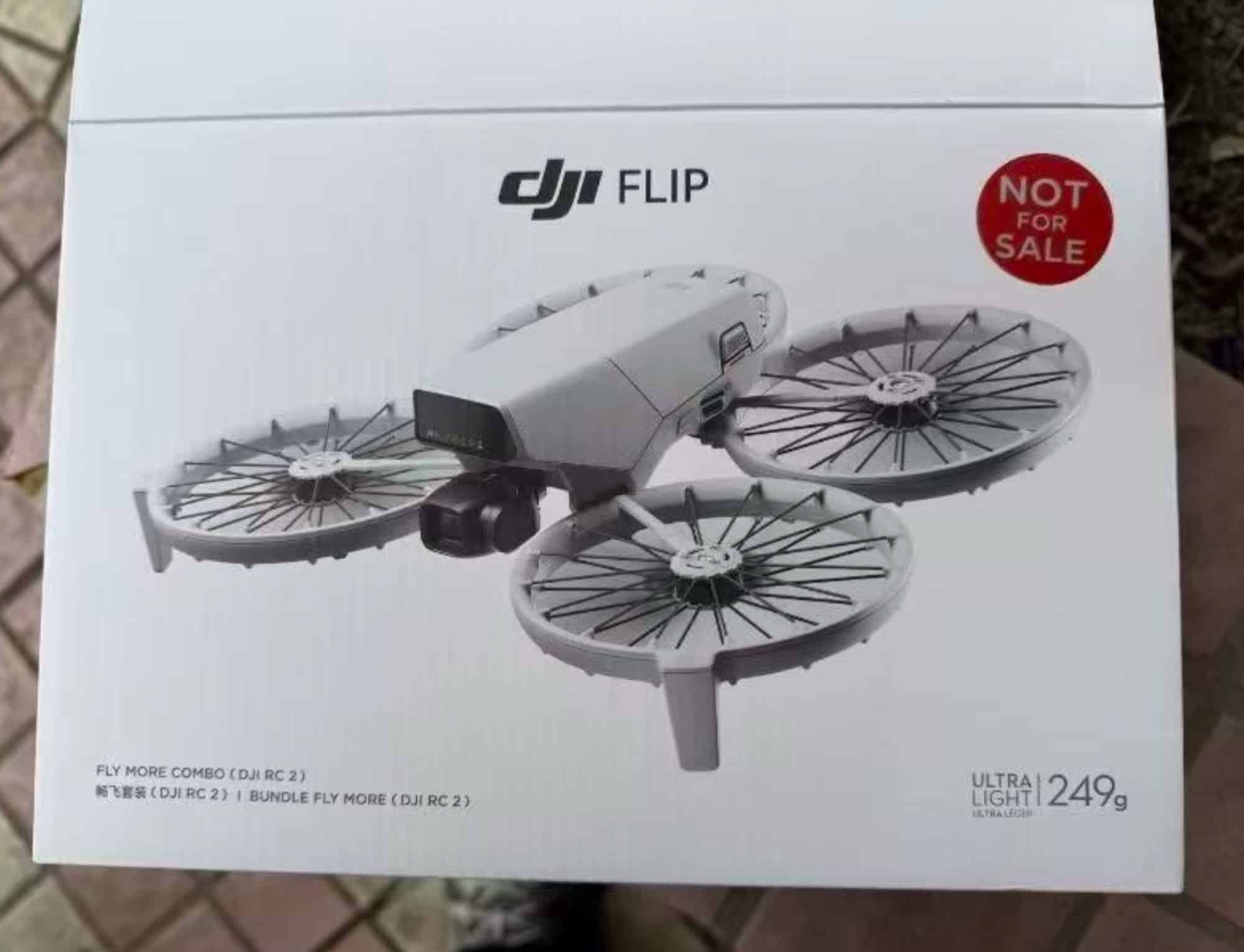 DJI Flip Fly More Combo box marked not for sale and 249 g.