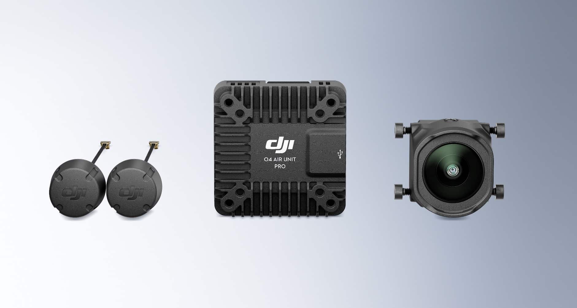 The O4 Air Unit Pro module flanked by two antennas and the camera assembly.