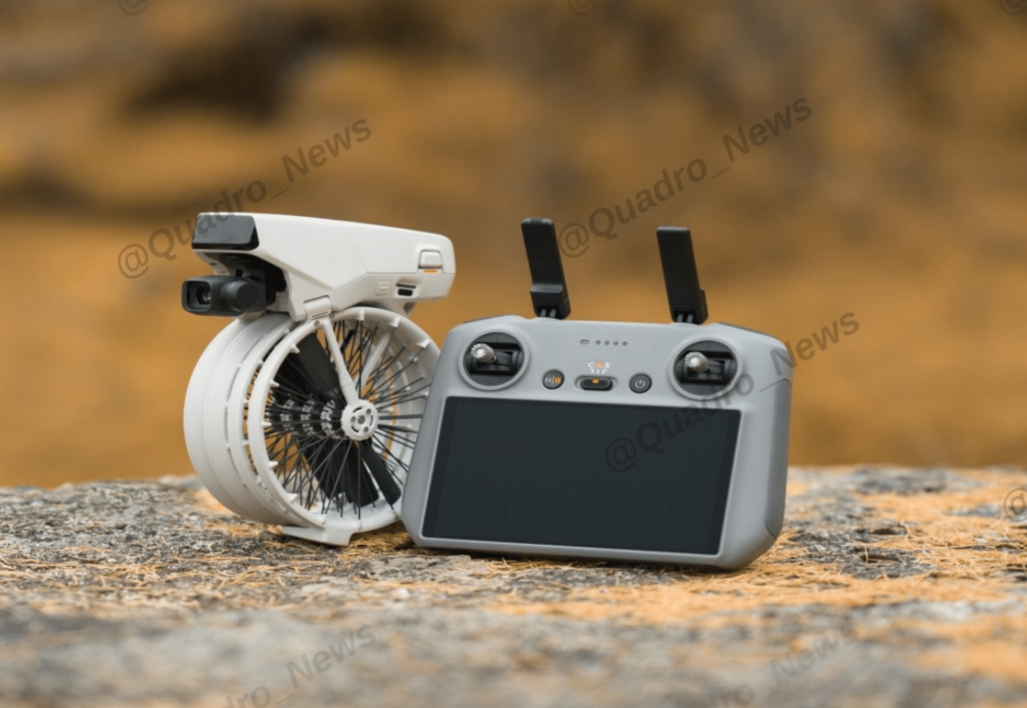 The folded Flip standing upright on a rock beside a DJI RC 2 controller.