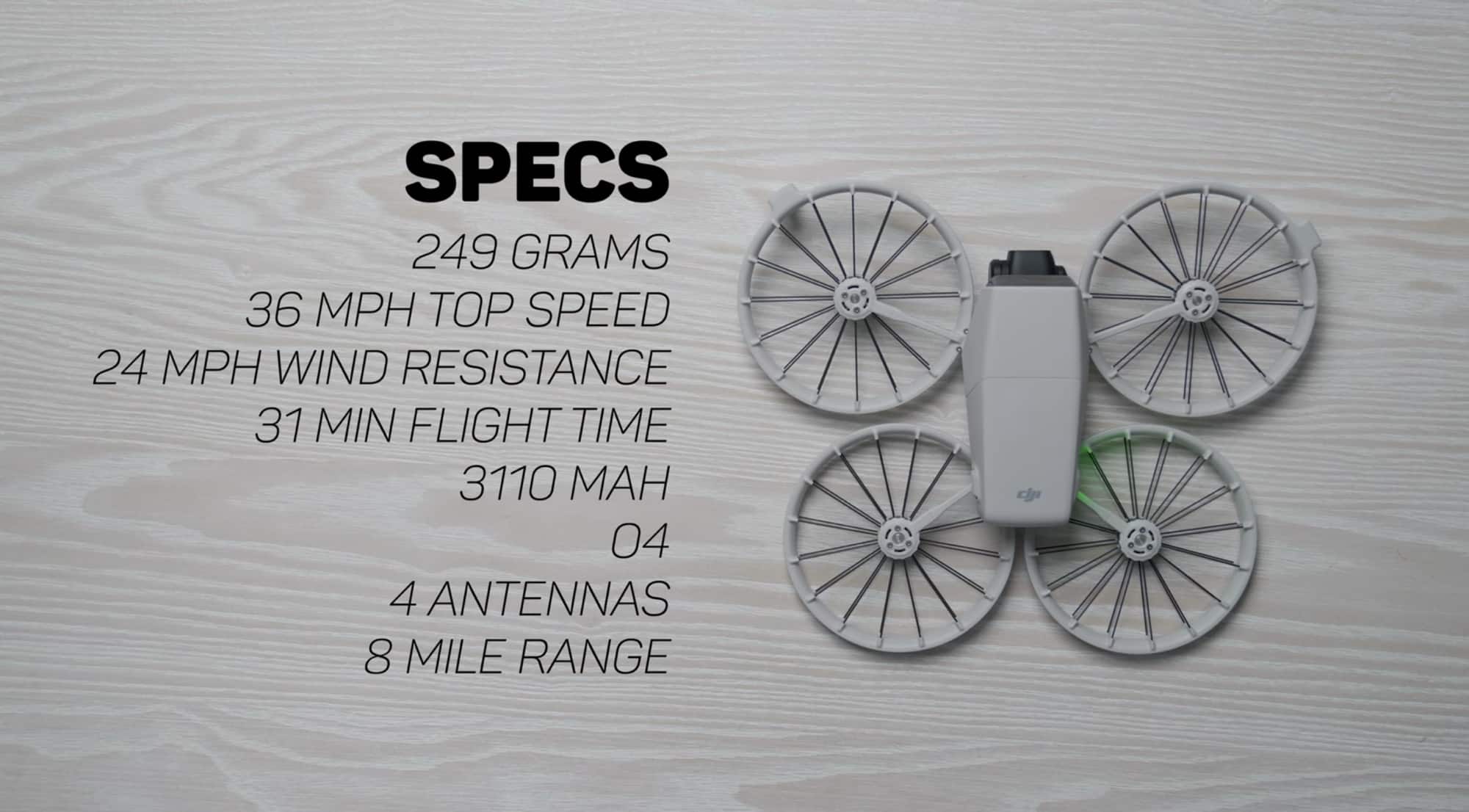 Overhead DJI Flip on wood beside a spec list starting with 249 grams.