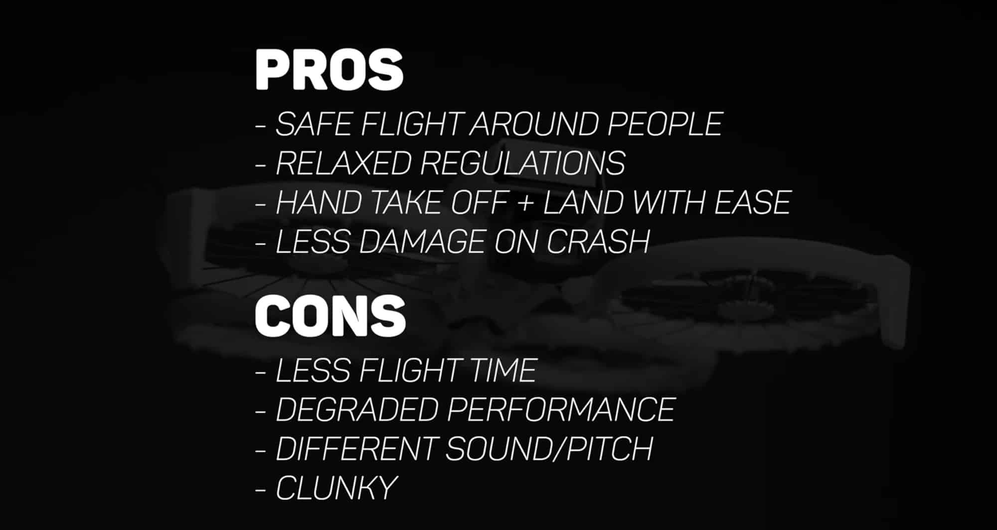 Pros and cons list overlaid on a darkened shot of the DJI Flip.