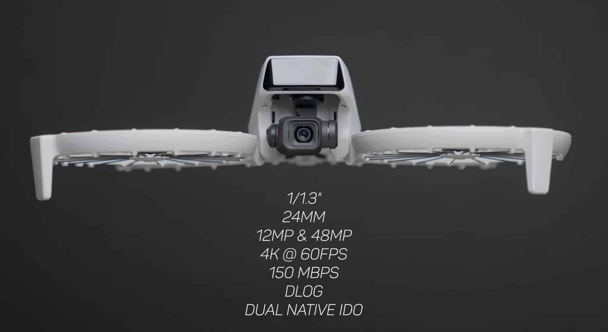 Rear view of the DJI Flip with its camera specifications listed alongside.
