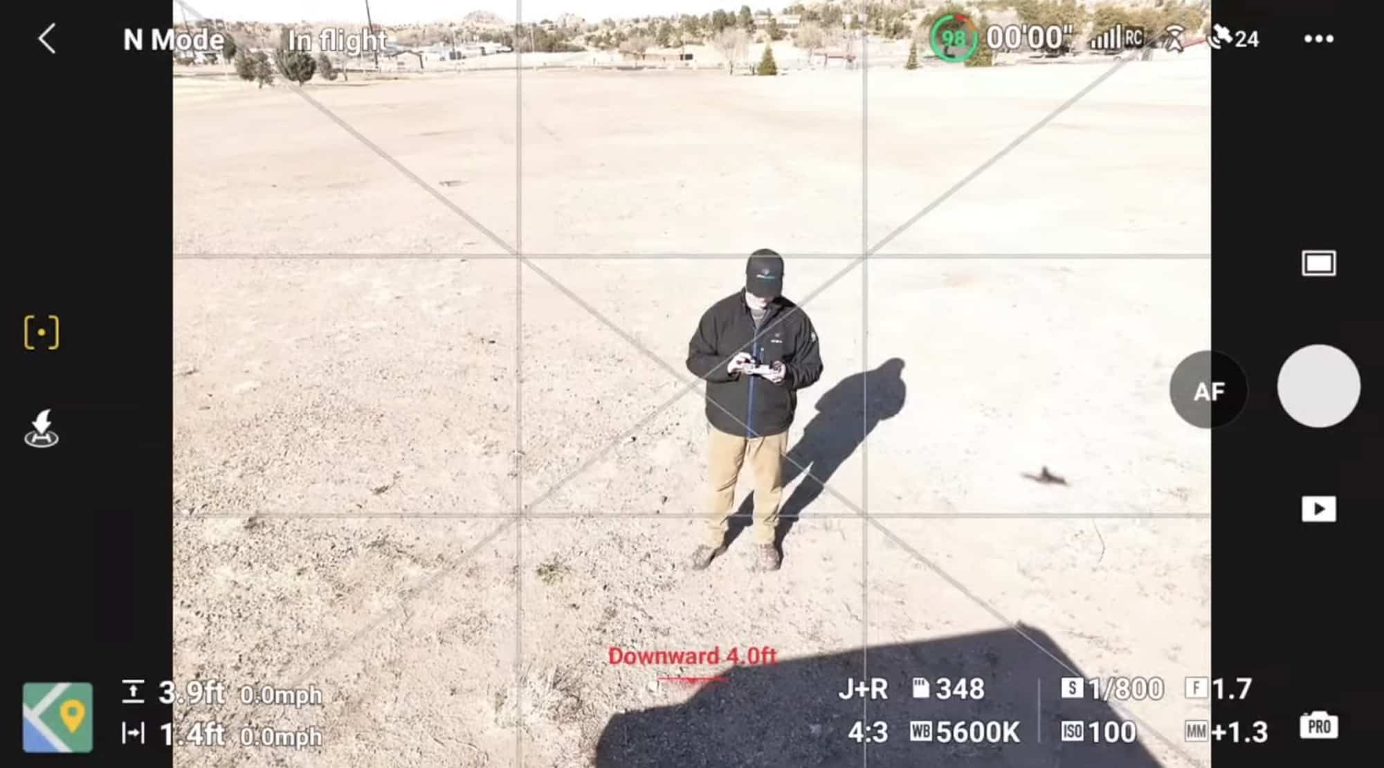 Screenshot of the DJI Fly flight view with gridlines framing the pilot below.