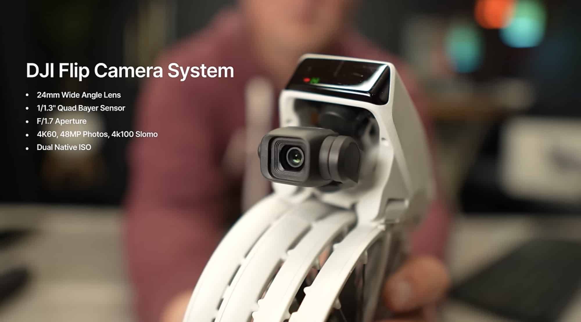Spec overlay for the Flip camera system beside the tilted gimbal head.