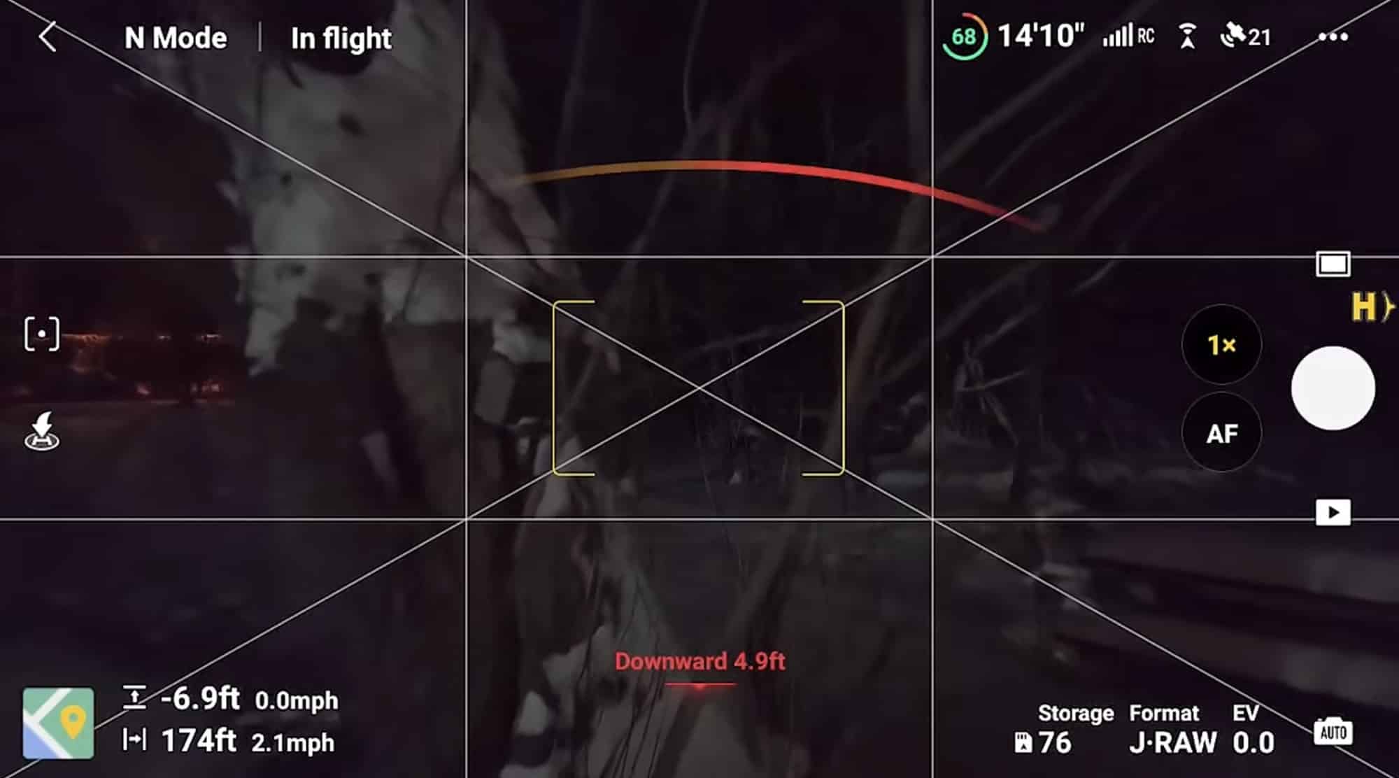 Night flight readout showing 174 feet (53 meters) of distance and J-RAW capture.