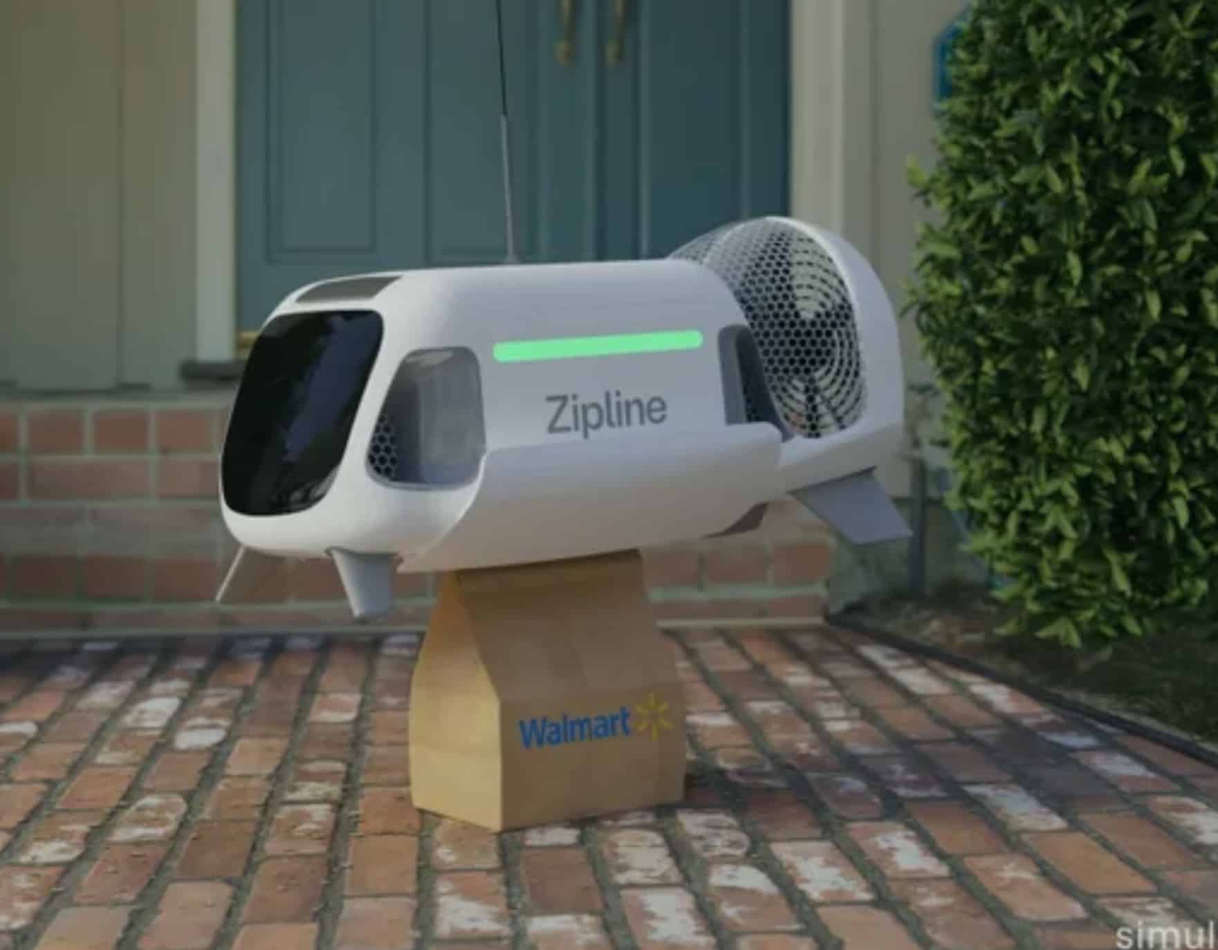 Zipline delivery droid docked on a wall perch above a Walmart-branded box.